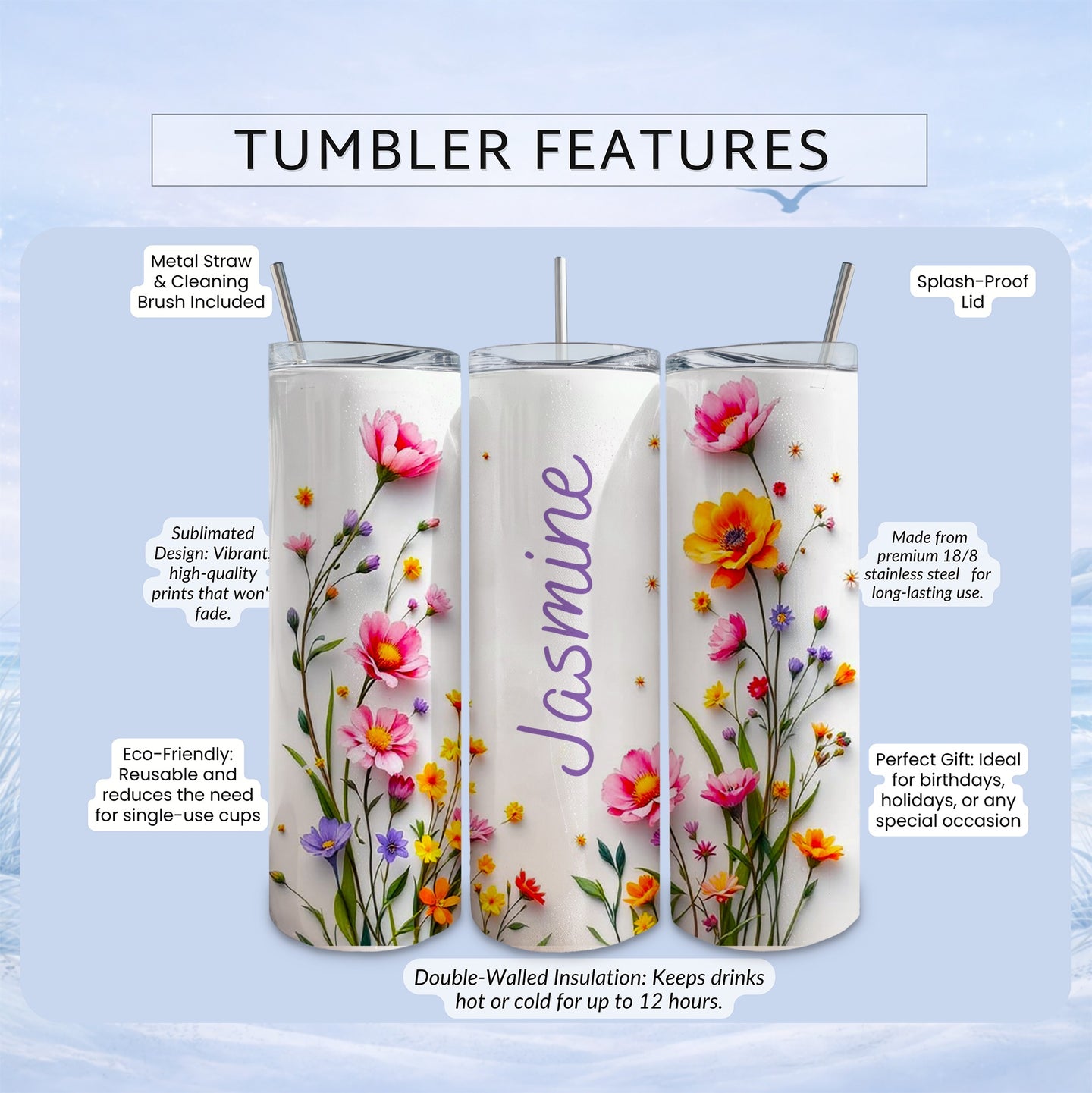 Tumbler with floral design and "Jasmine" name, featuring insulation.