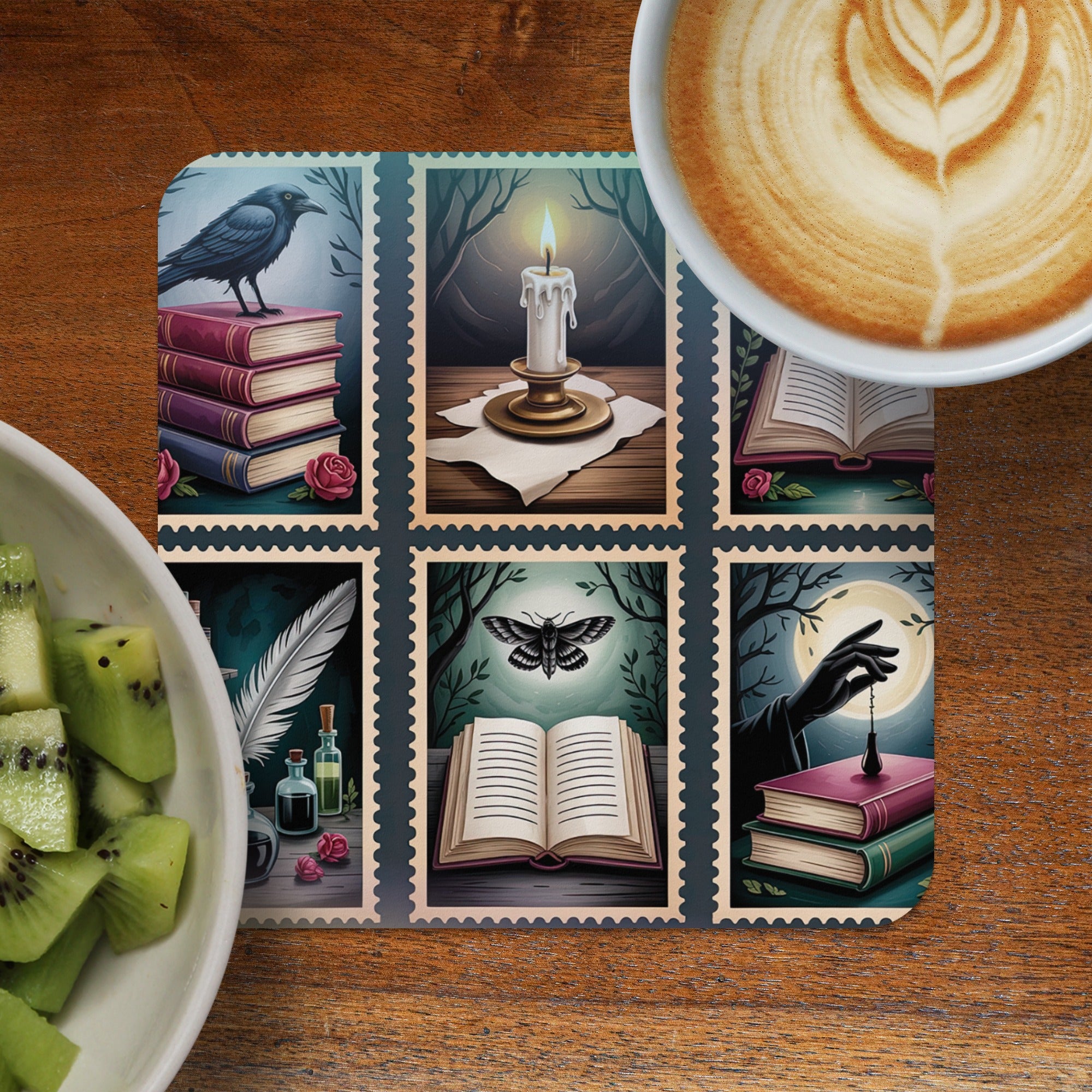 Coasters with illustrated fantasy scenes: raven on books, candle, moth, and hand with book.