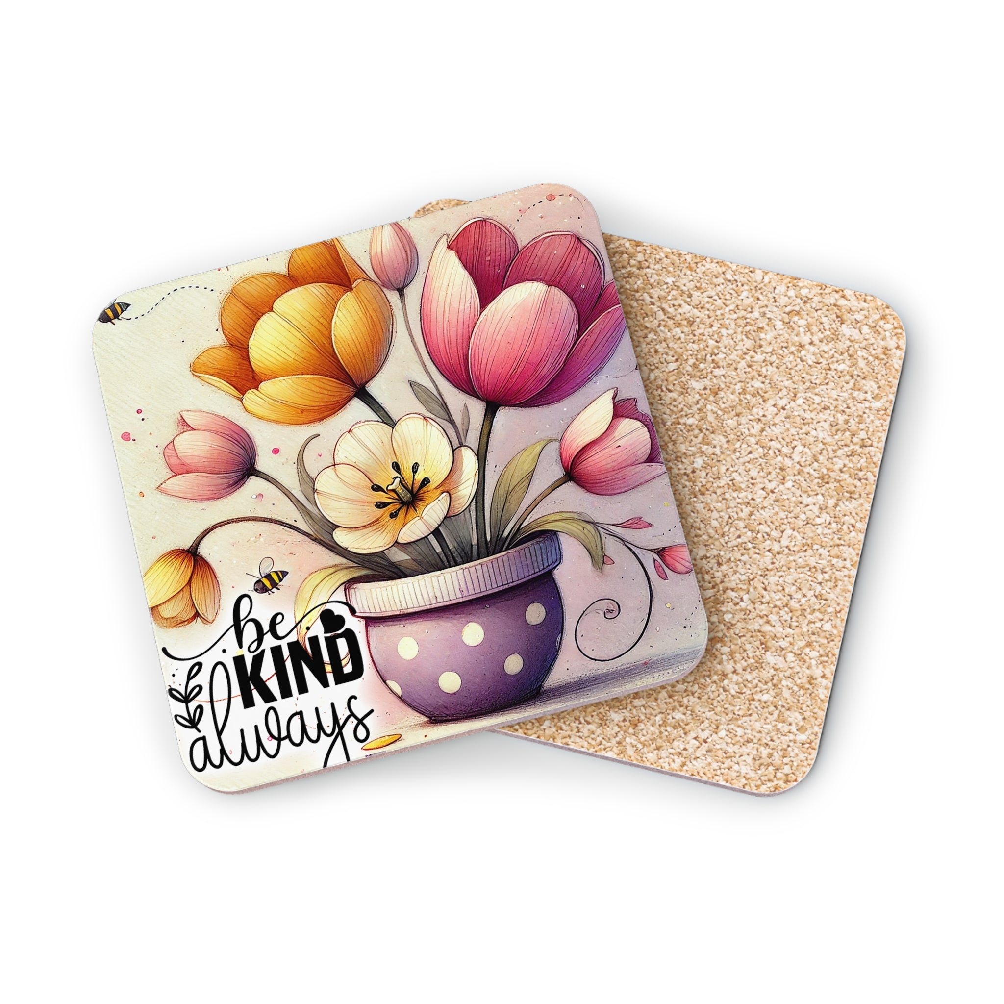 Coaster with floral design and "be kind always" text on white background.