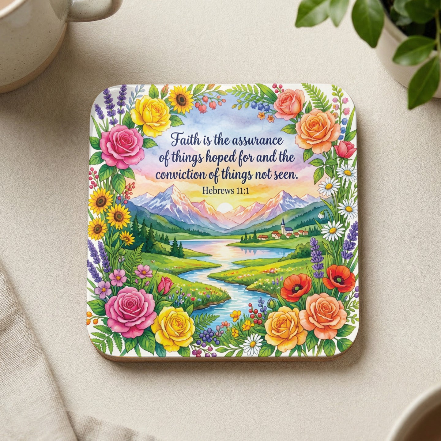 Coaster with landscape and Hebrews 11:1 quote about faith.