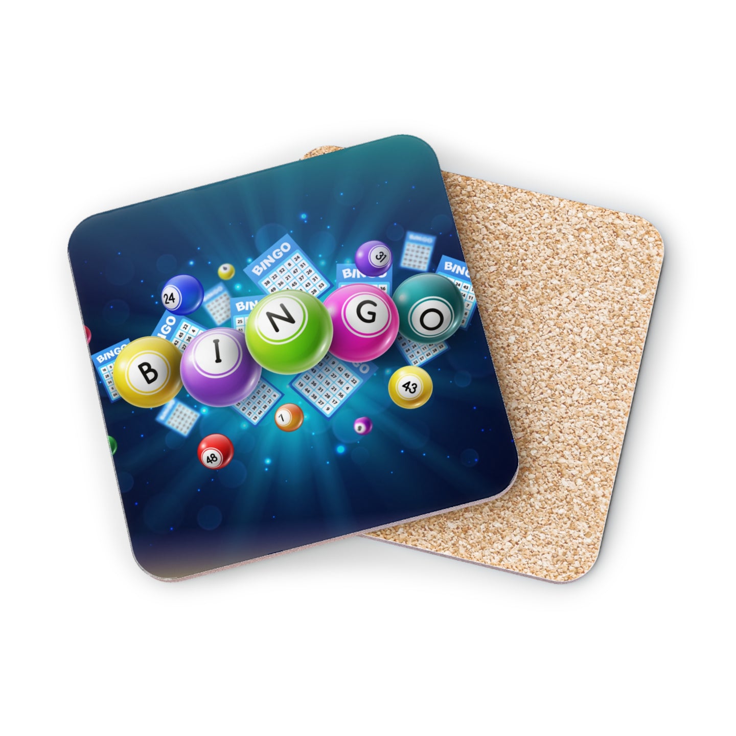 Bingo balls and cards scattered on a dark, glowing background.