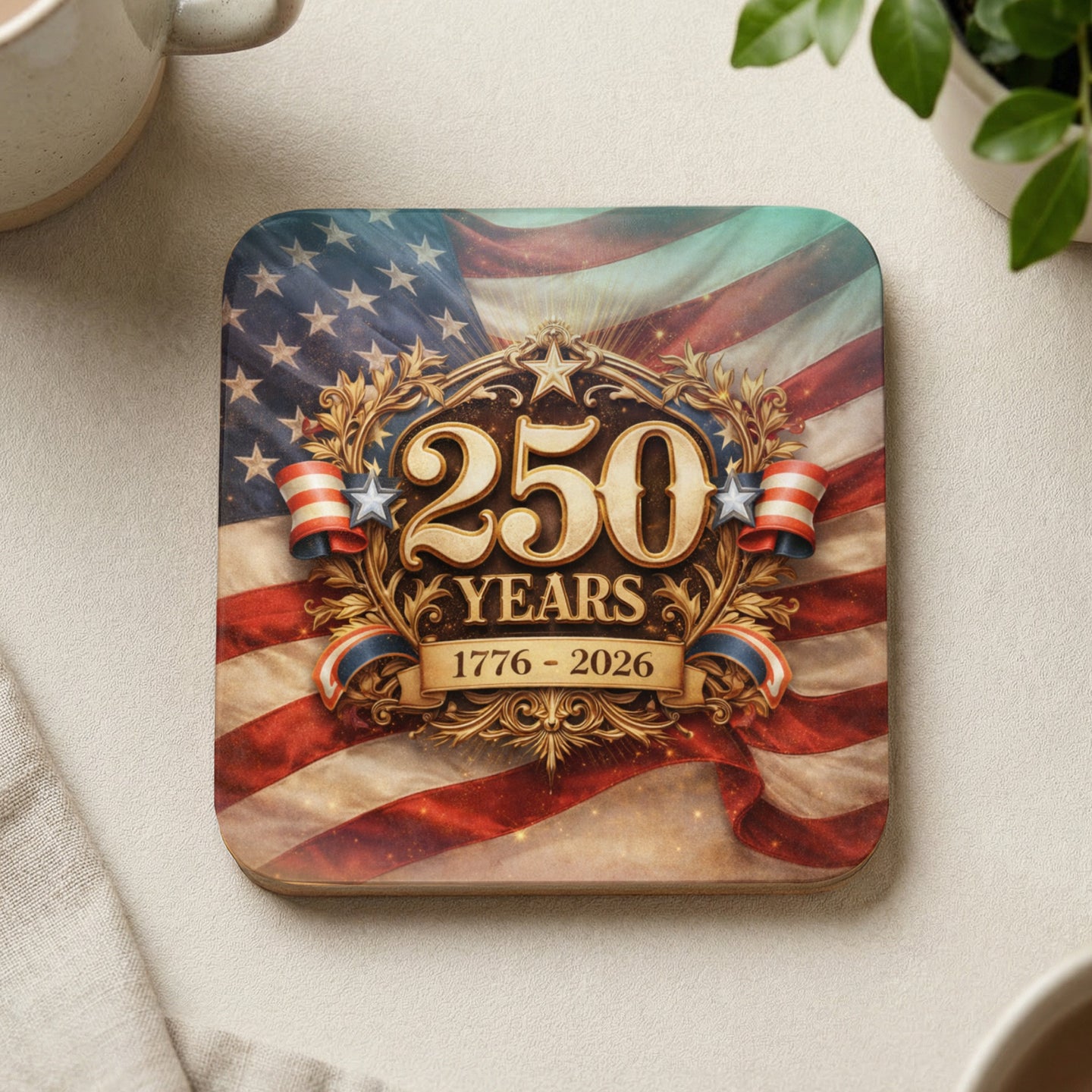 Coaster with US flag and "250 Years 1776 - 2026" text.