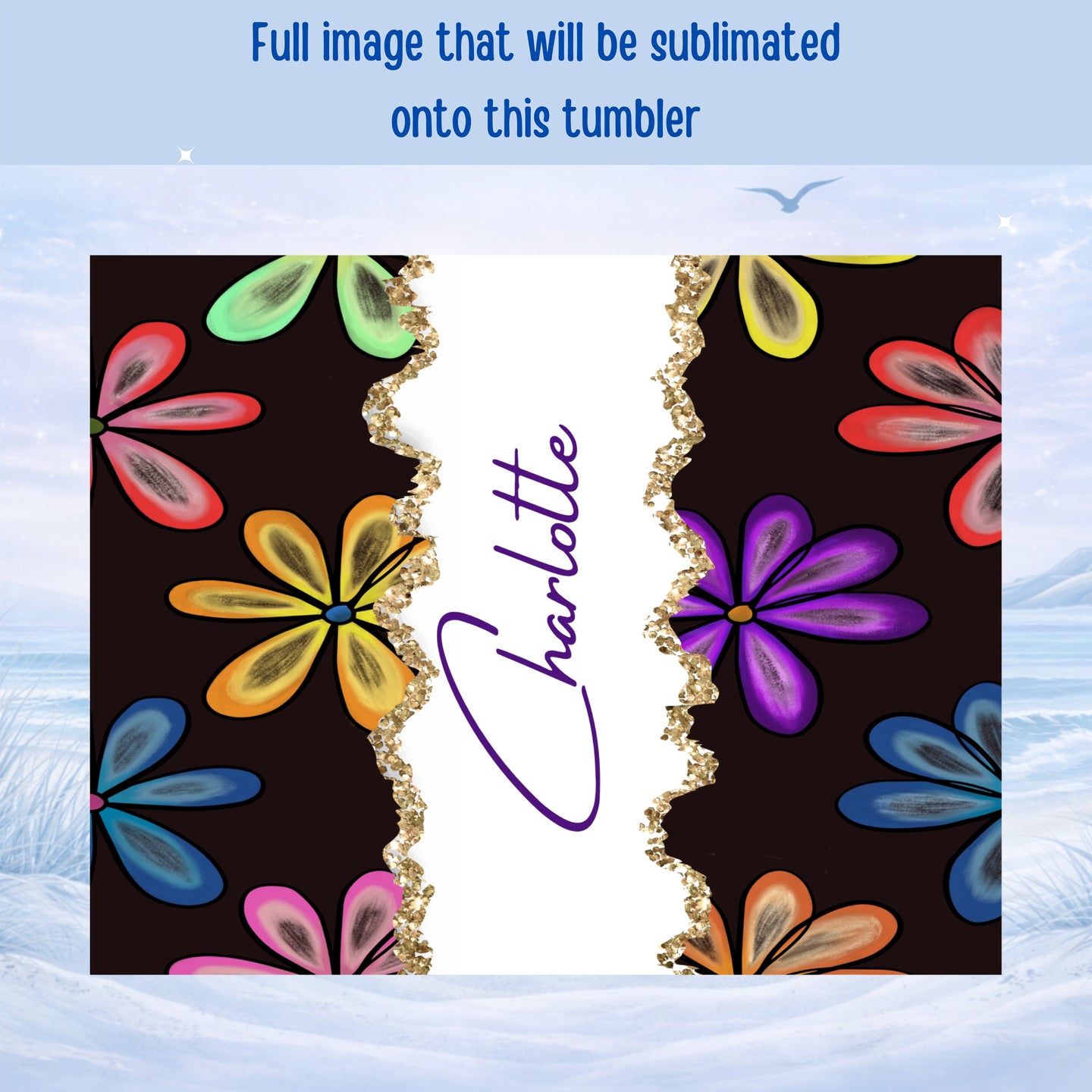 Black background with colorful flowers and the name "Charlotte" in cursive.