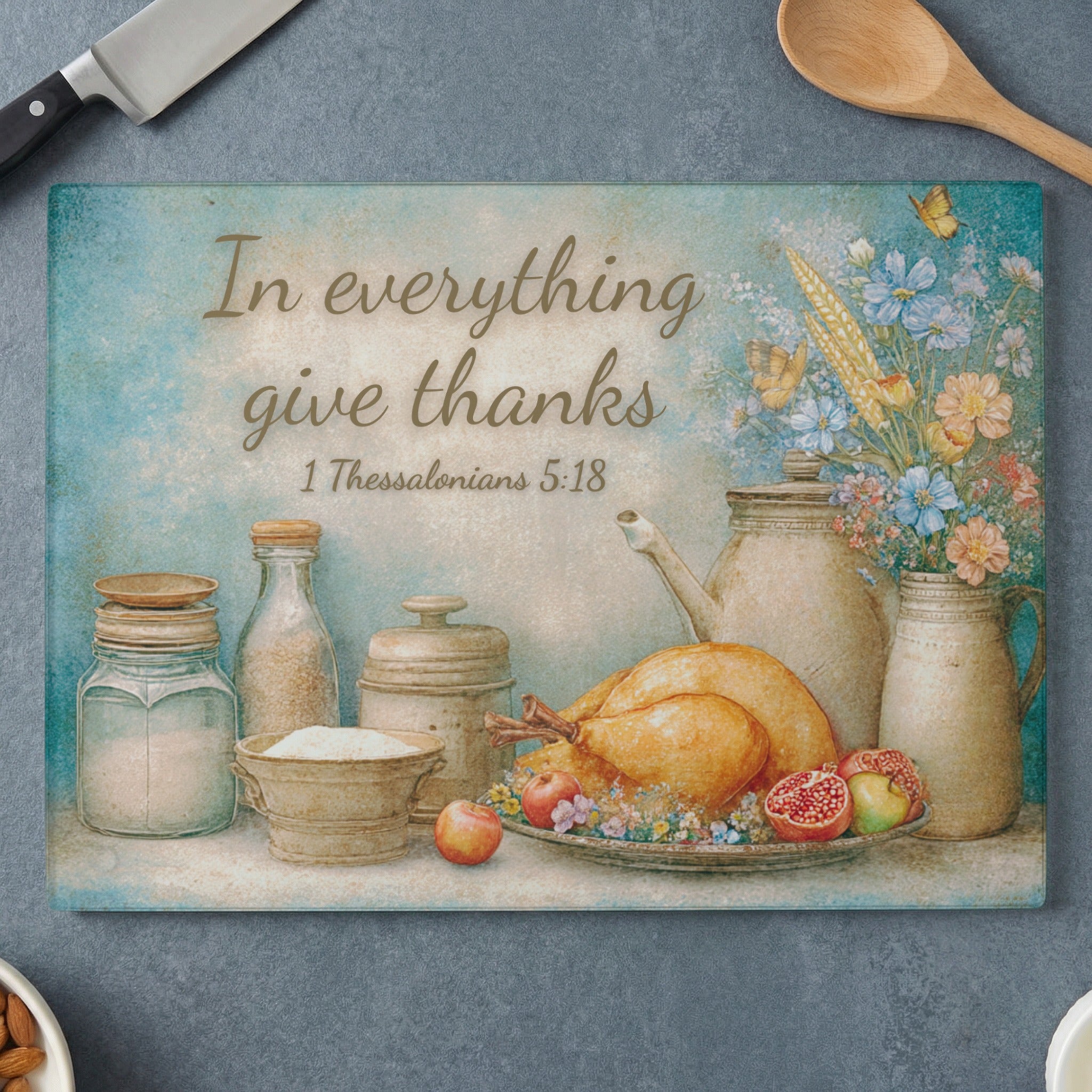 Cutting board with Thanksgiving theme: turkey, harvest decor, and "In everything give thanks" Bible verse.