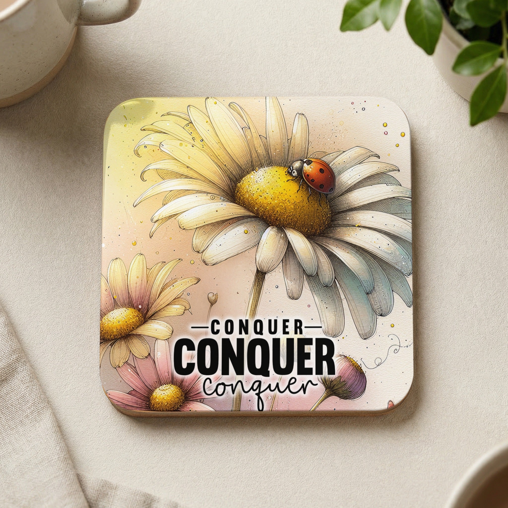 Daisy coaster with ladybug and text "Conquer Conquer".