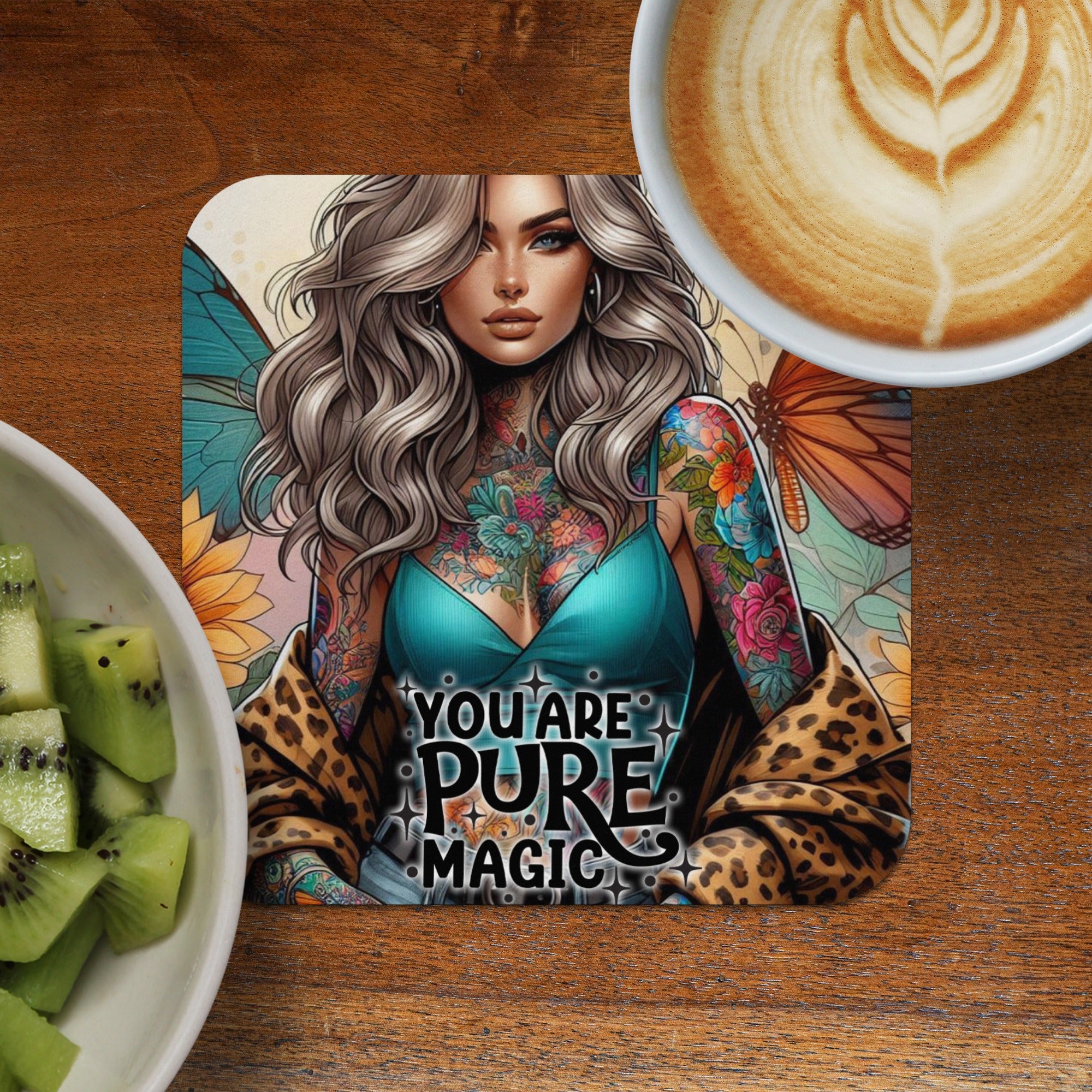 Woman with tattoos and butterflies, "You are pure magic" text.