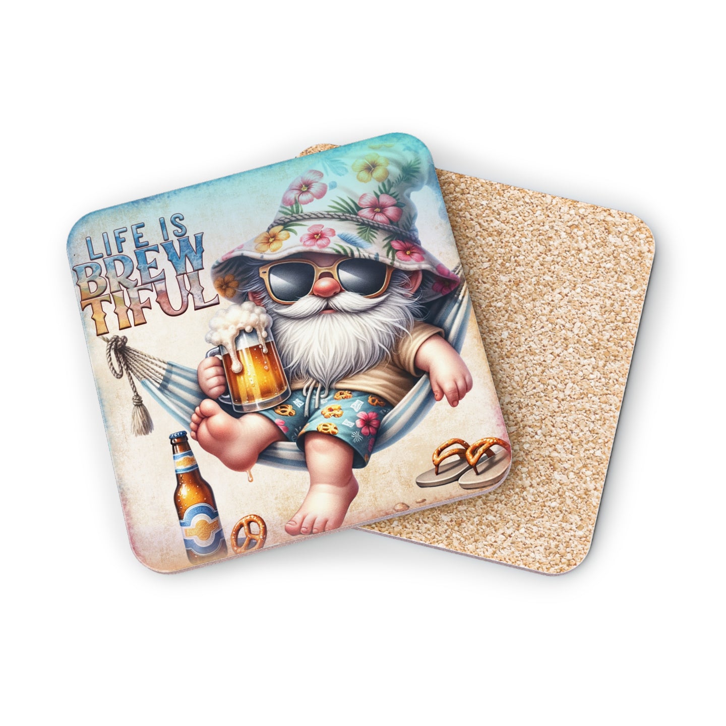 Gnome in hammock with beer and text "Life is Brewtiful."