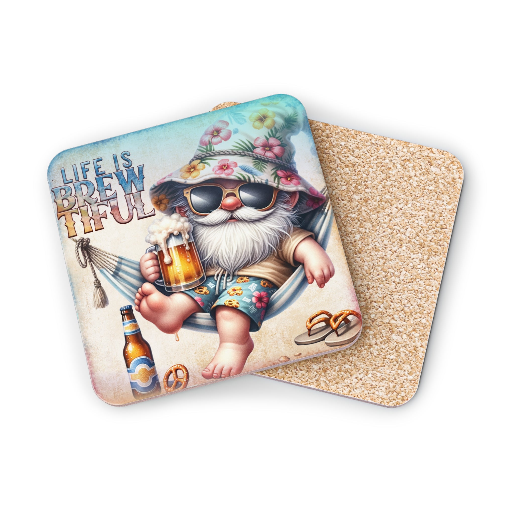Gnome in hammock with beer and text "Life is Brewtiful."