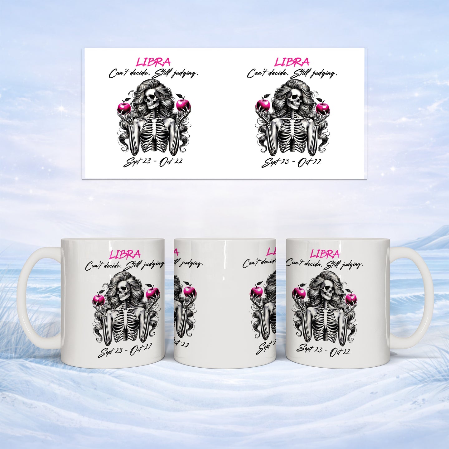 Mug with Libra skeleton graphic and "Can't decide. Still judging." text.