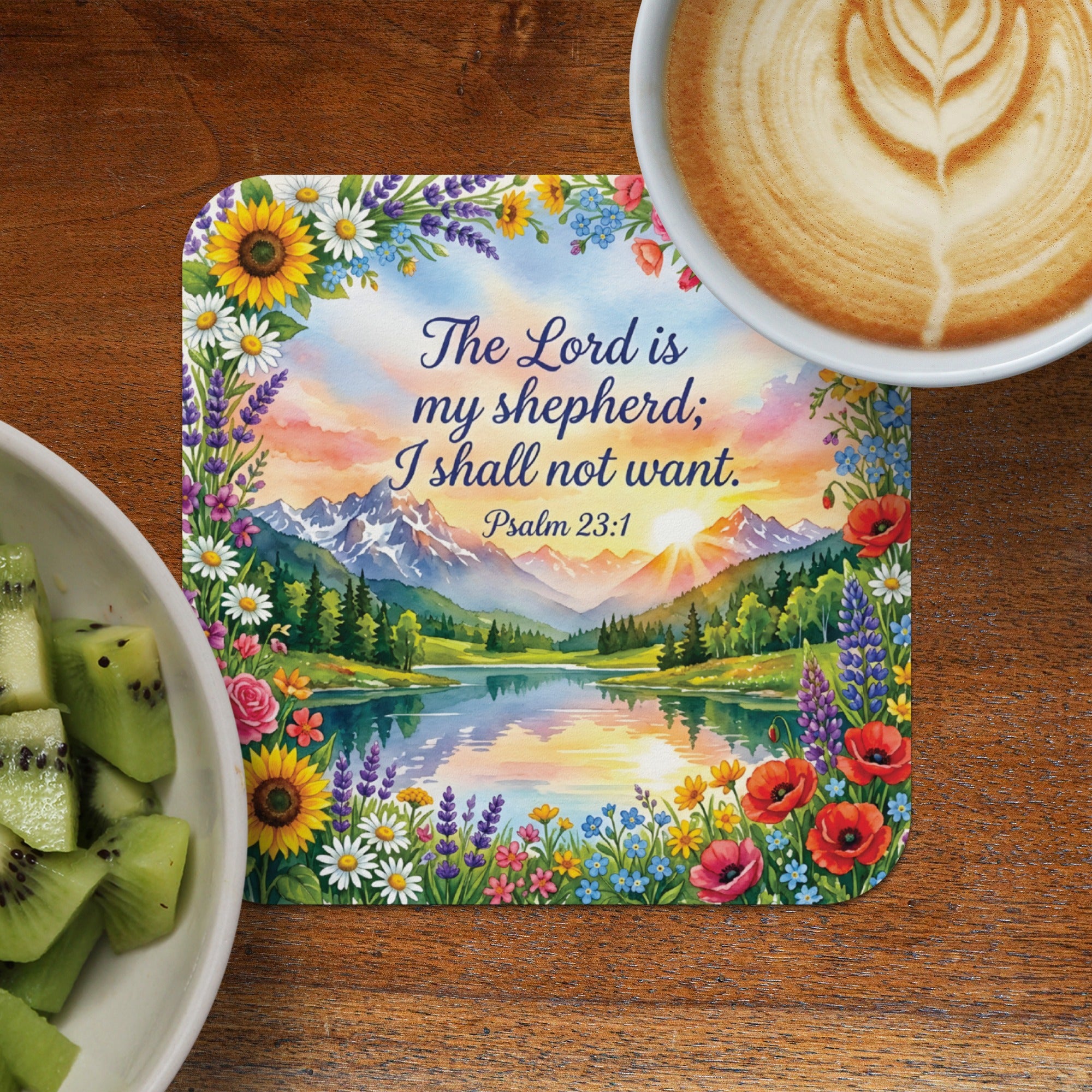 Coaster with floral border and Bible verse "The Lord is my shepherd; I shall not want. Psalm 23:1".