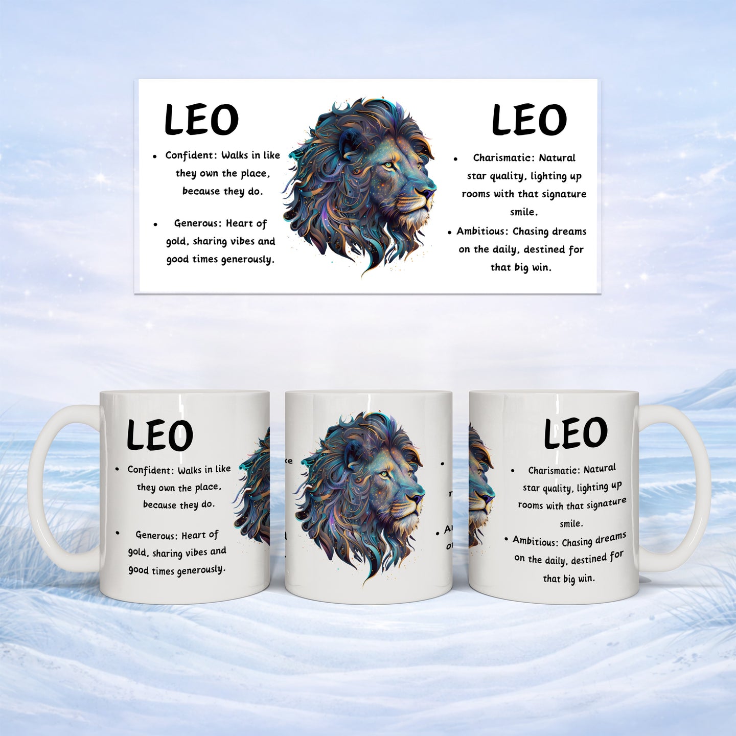 Three mugs with LEO zodiac sign art and descriptions.