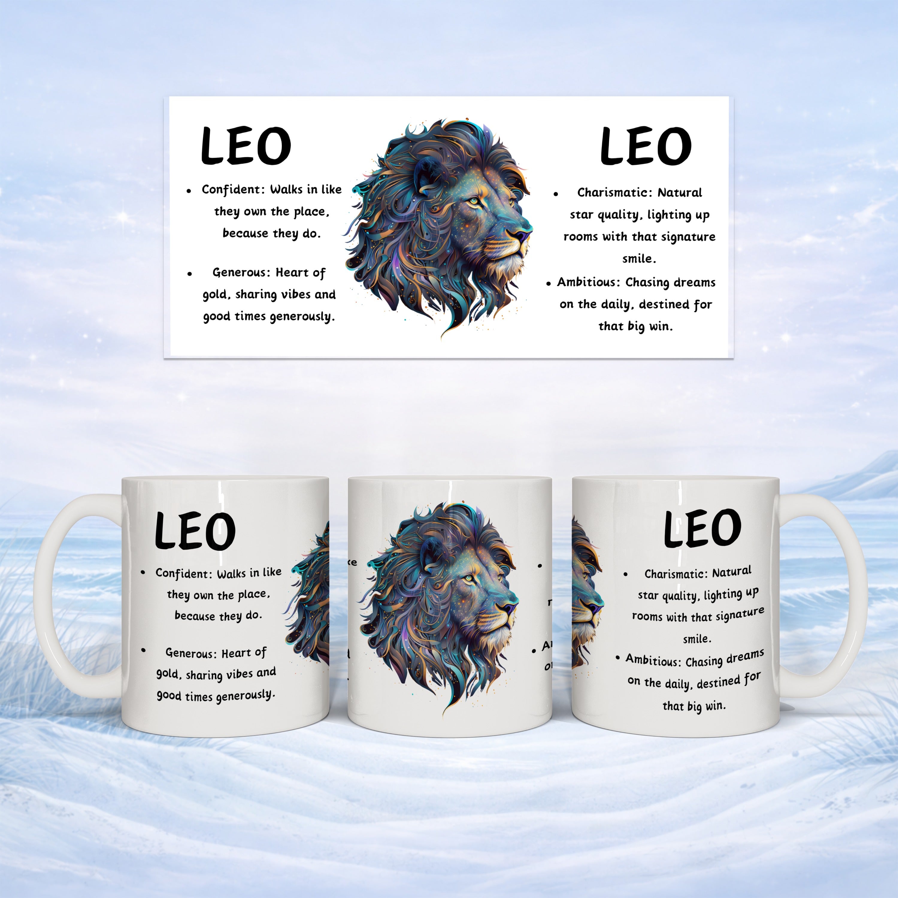 Three mugs with LEO zodiac sign art and descriptions.