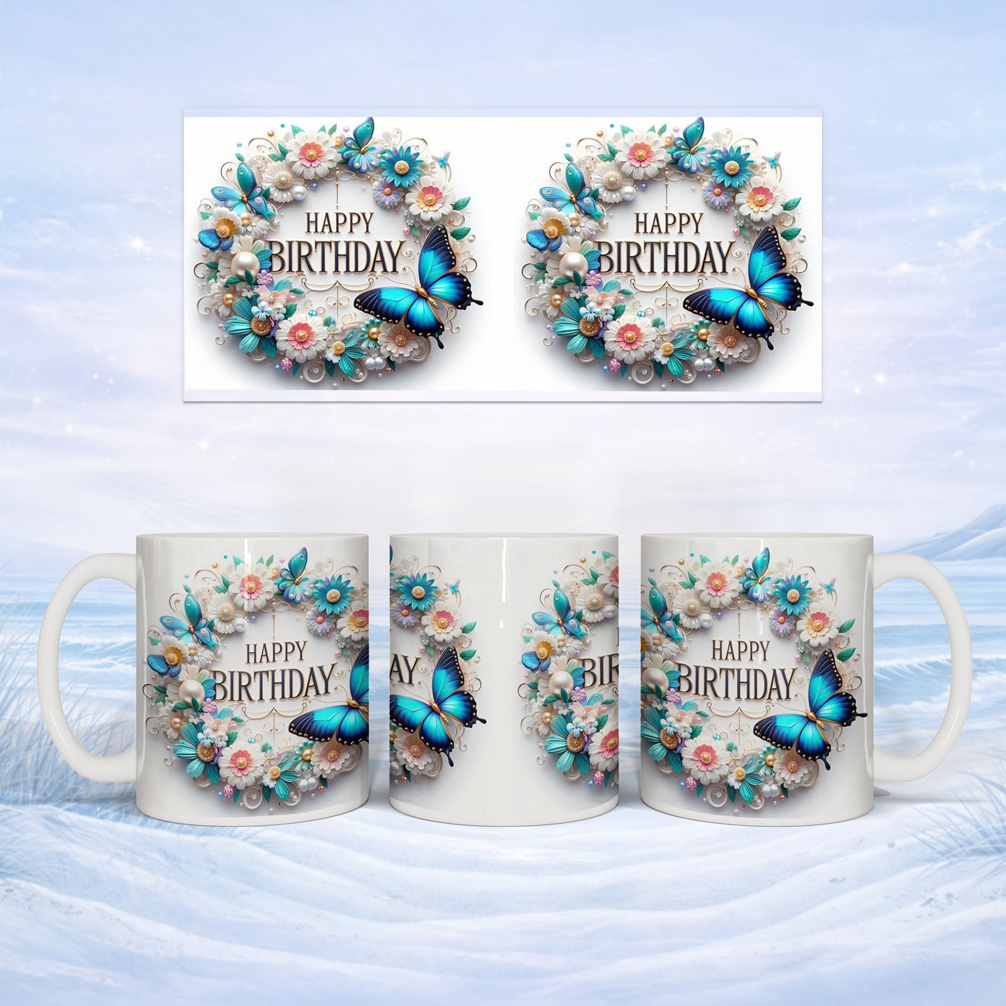 Mug with "Happy Birthday" message and floral and butterfly design.