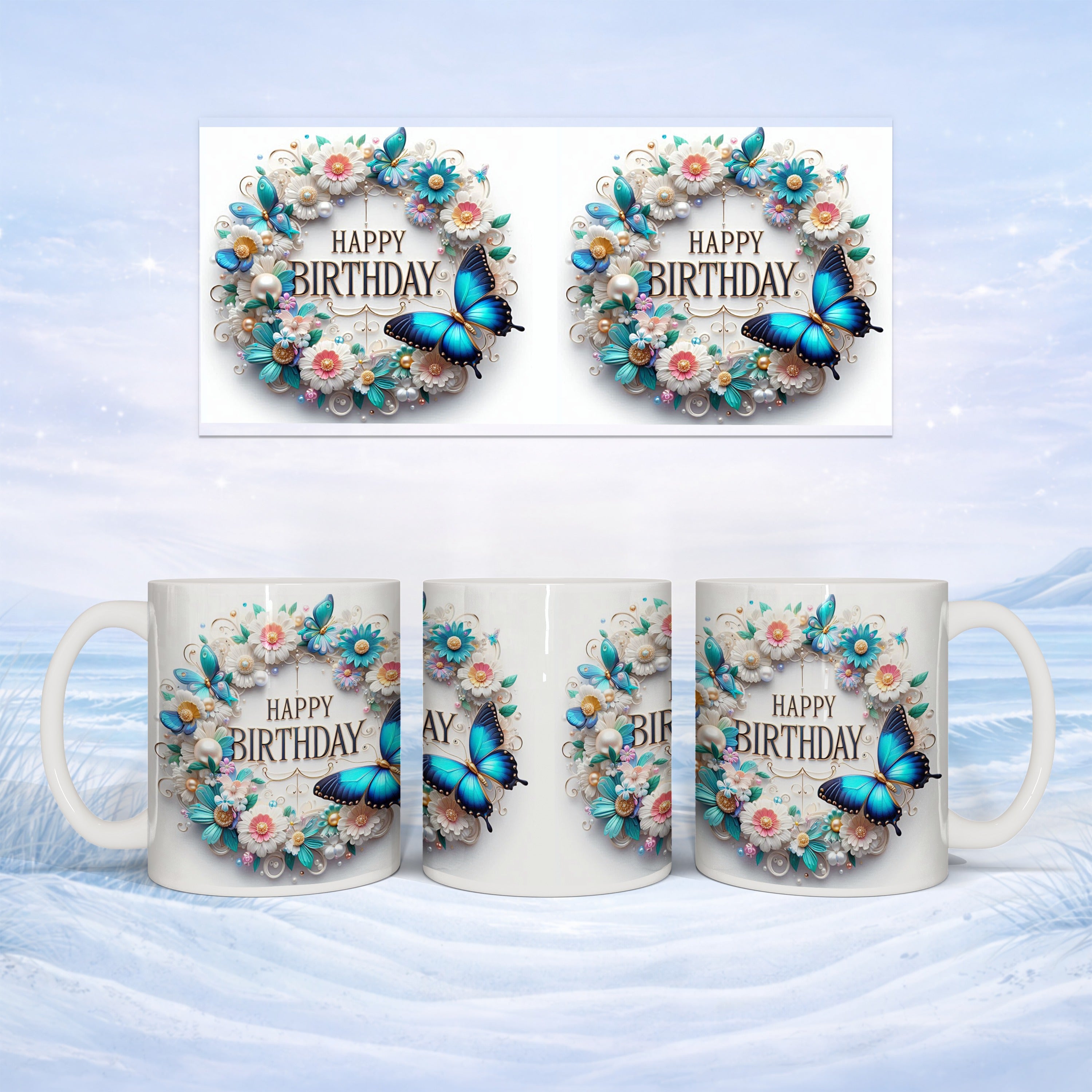 Mug with "Happy Birthday" message and floral and butterfly design.