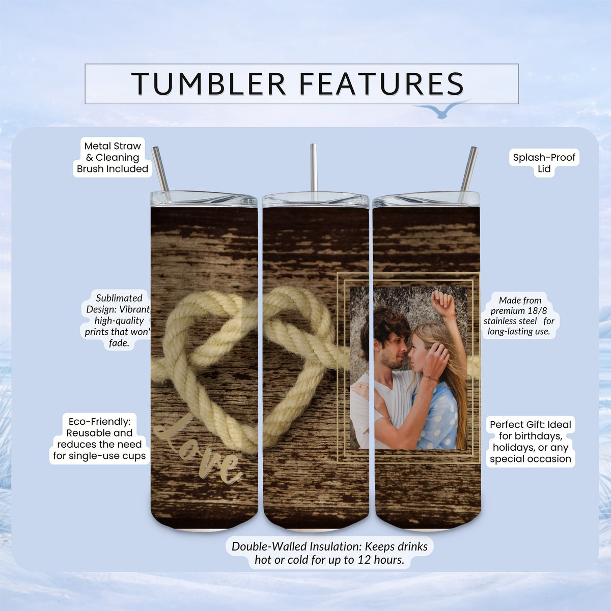 Tumbler with heart design, family photo, and text highlighting features.