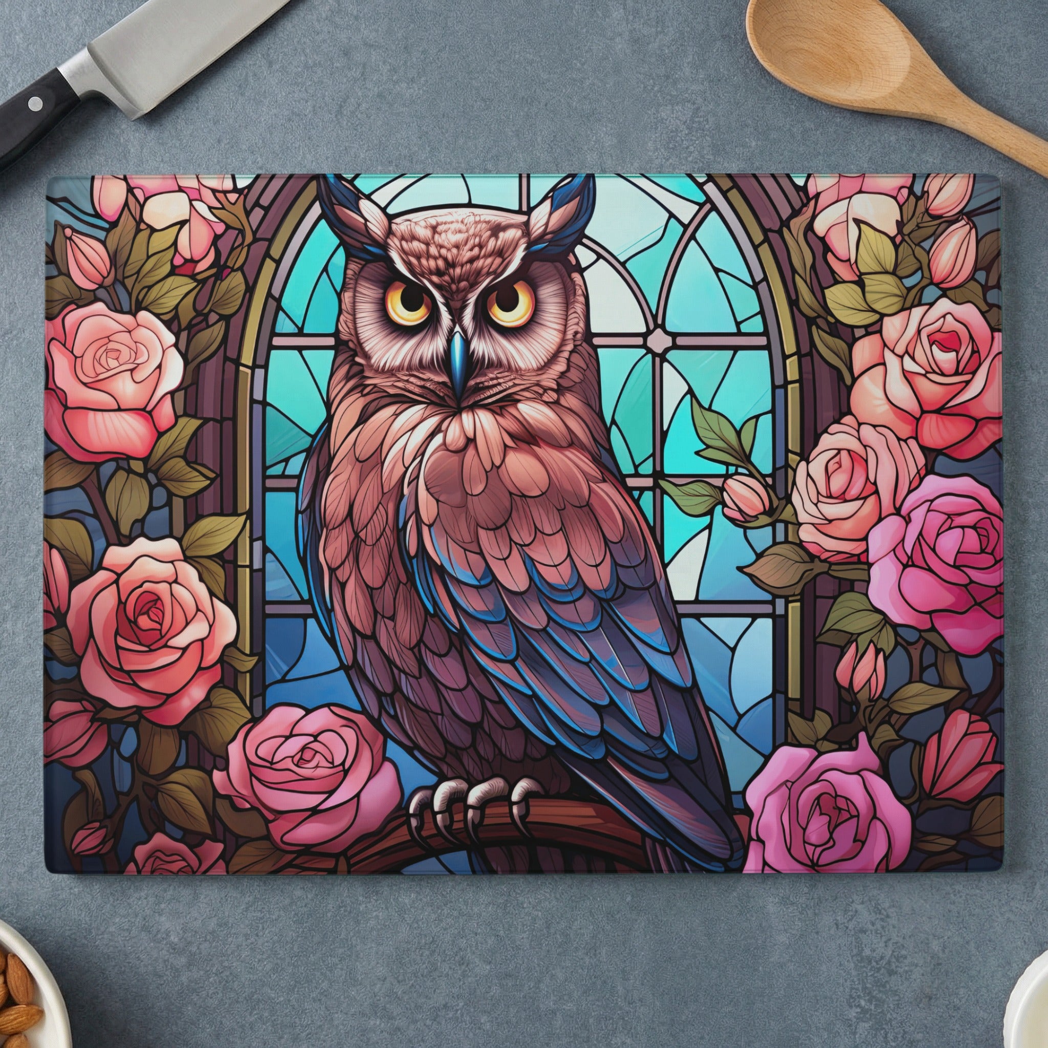 Owl perched on a branch with stained glass and roses.