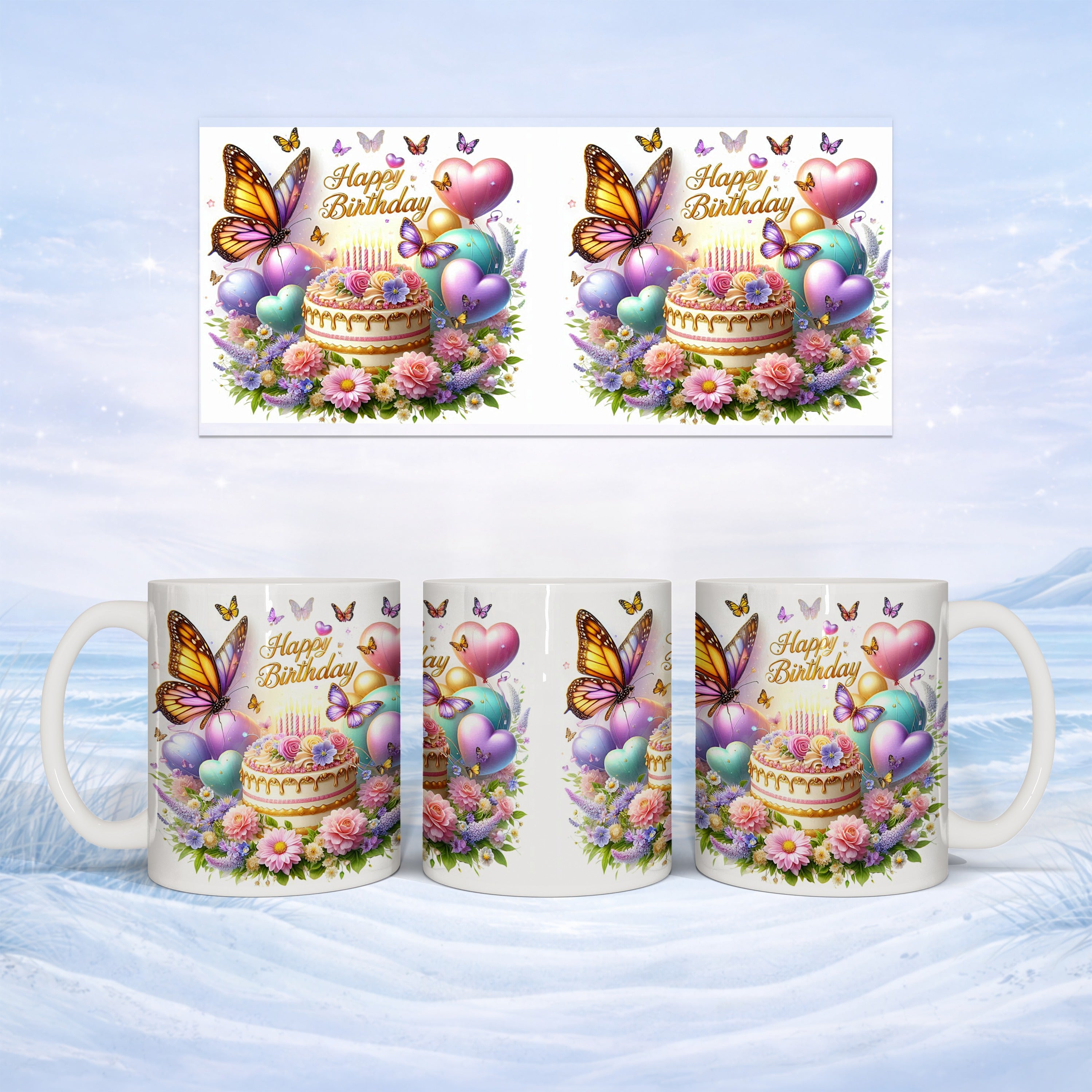 Happy Birthday cake with butterflies and balloons on a mug.