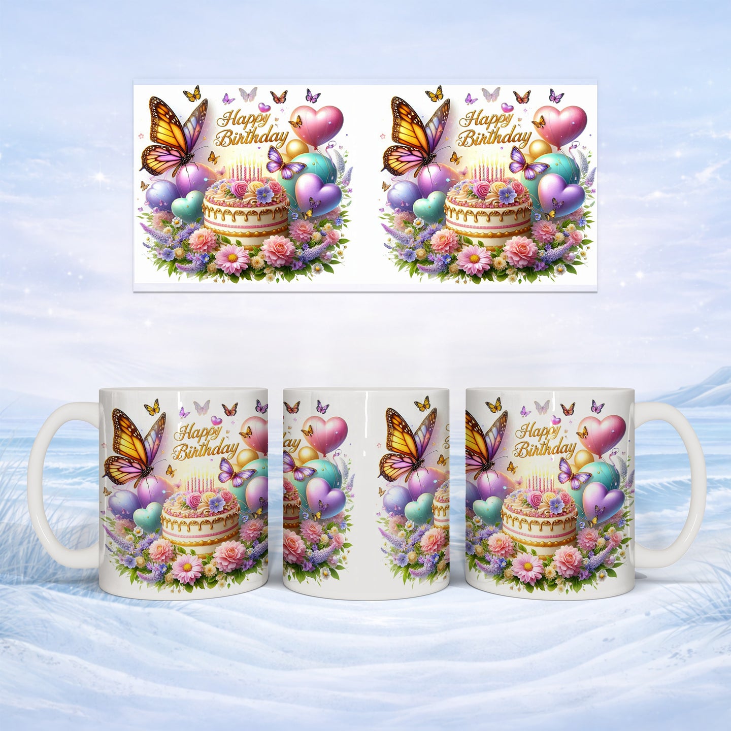 Happy Birthday cake with butterflies and balloons on a mug.