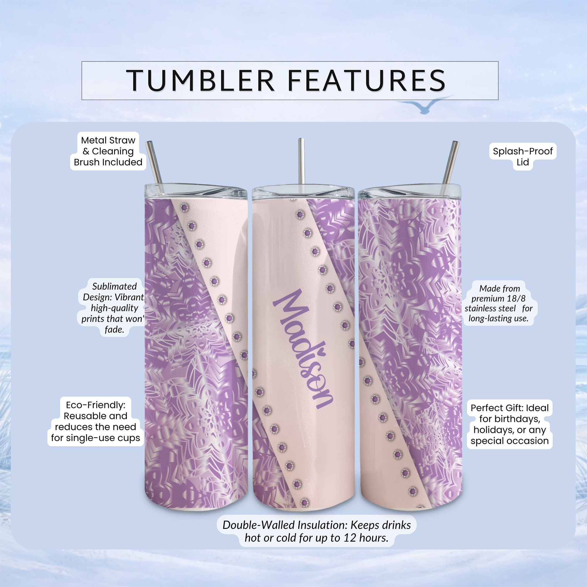 Personalized tumbler with floral pattern and "Madison" text.