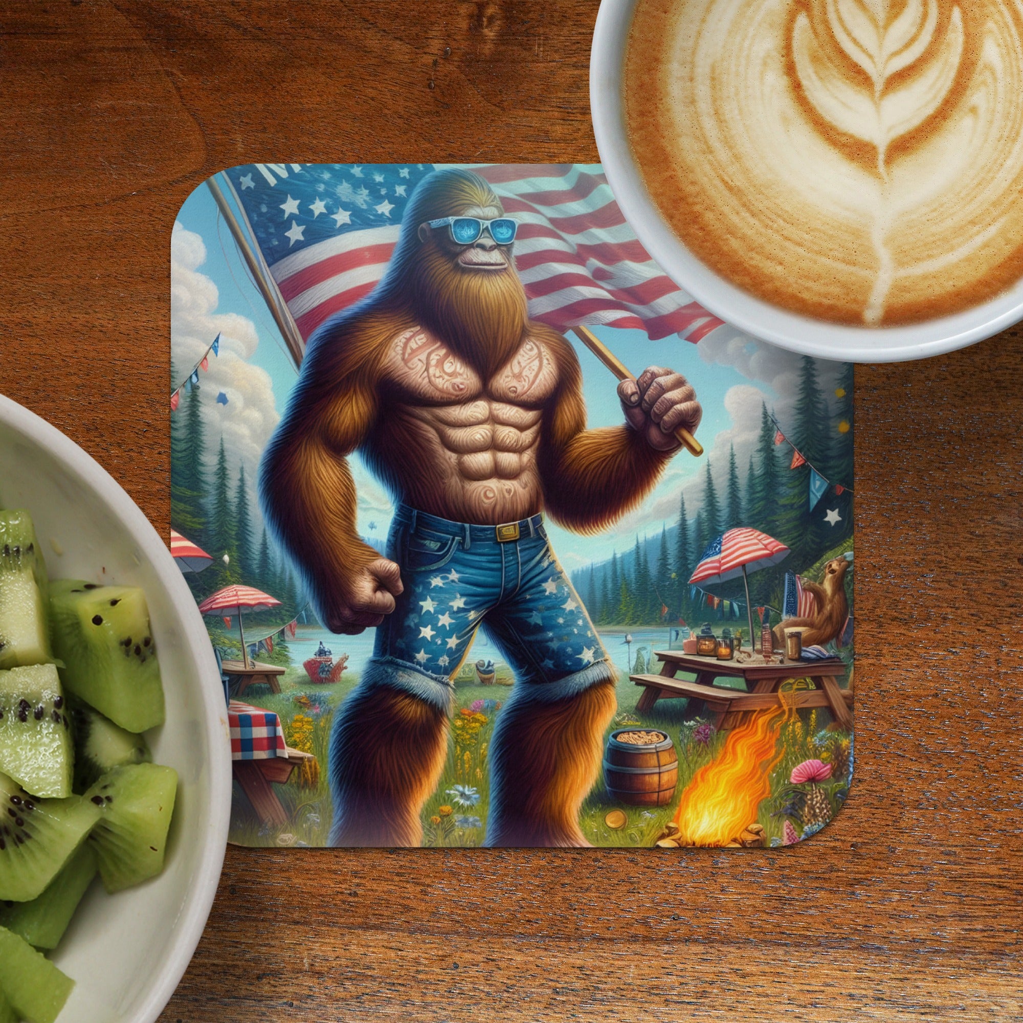 Bigfoot in sunglasses and denim shorts holding American flag at picnic.