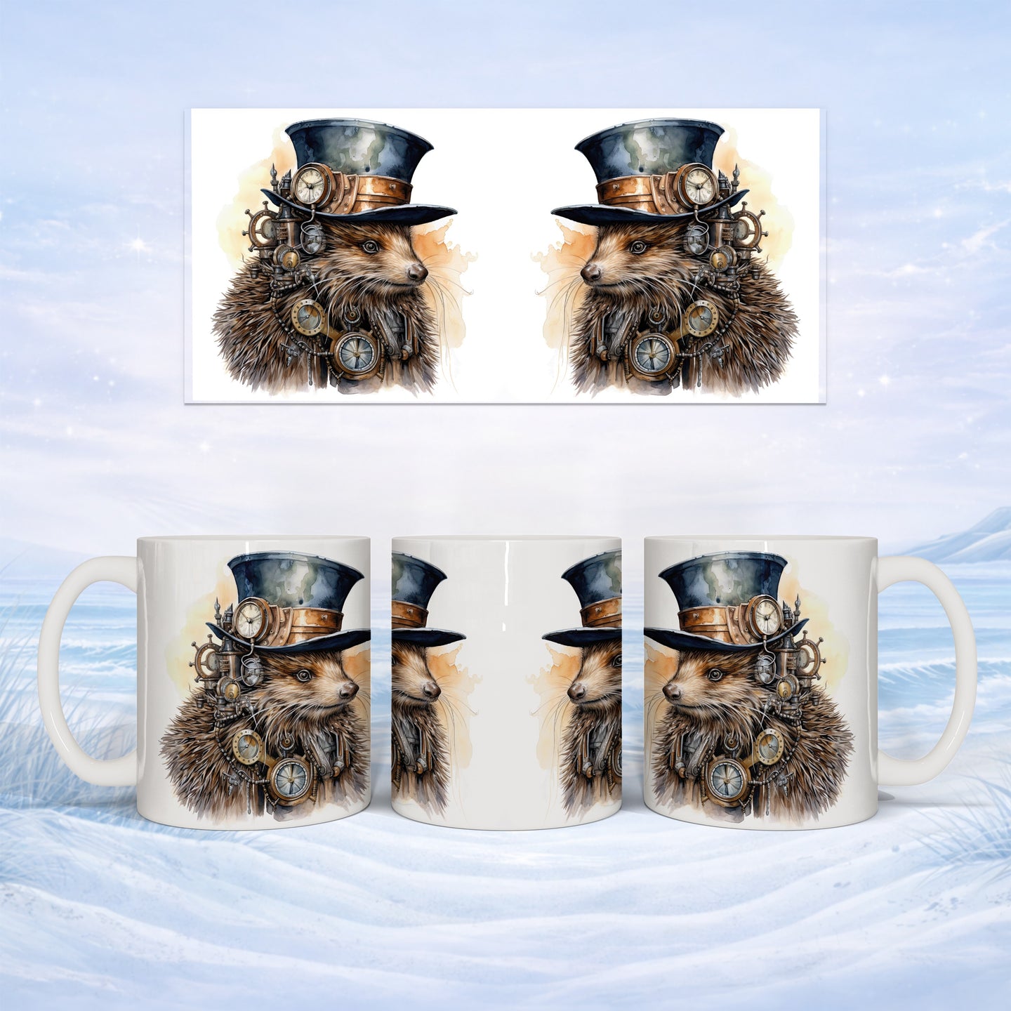 Steampunk hedgehog with gears and top hat on a mug.