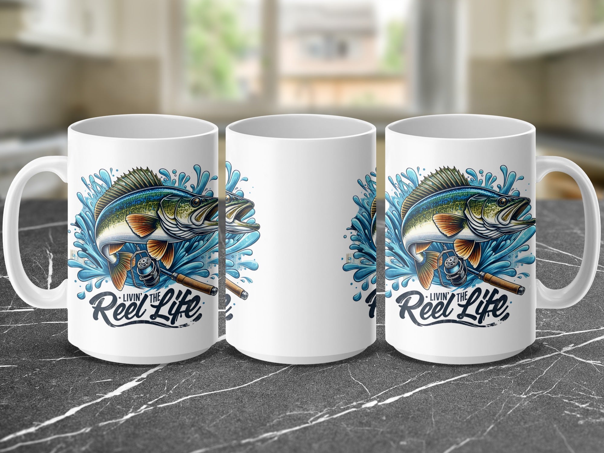 White mug with bass fishing graphic and "Reel Life" text.