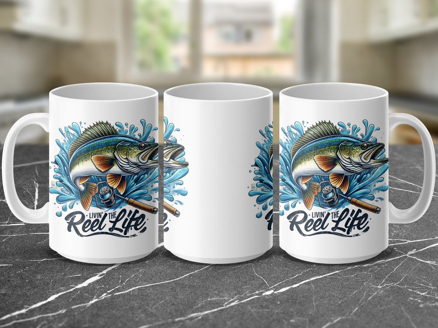 White mug with bass fishing graphic and "Reel Life" text.