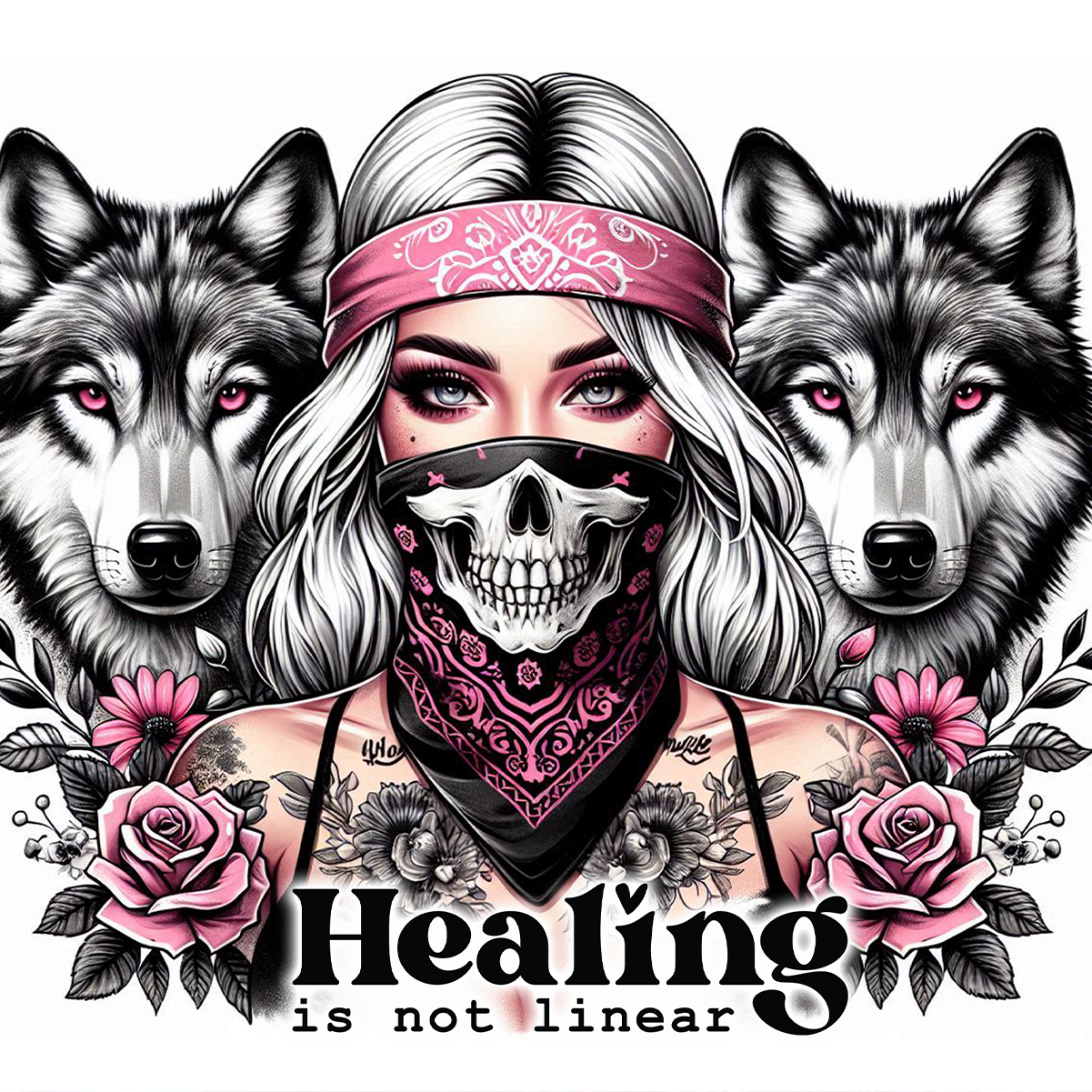 Woman with bandana and skull mask between two wolves, floral accents, "Healing is not linear".