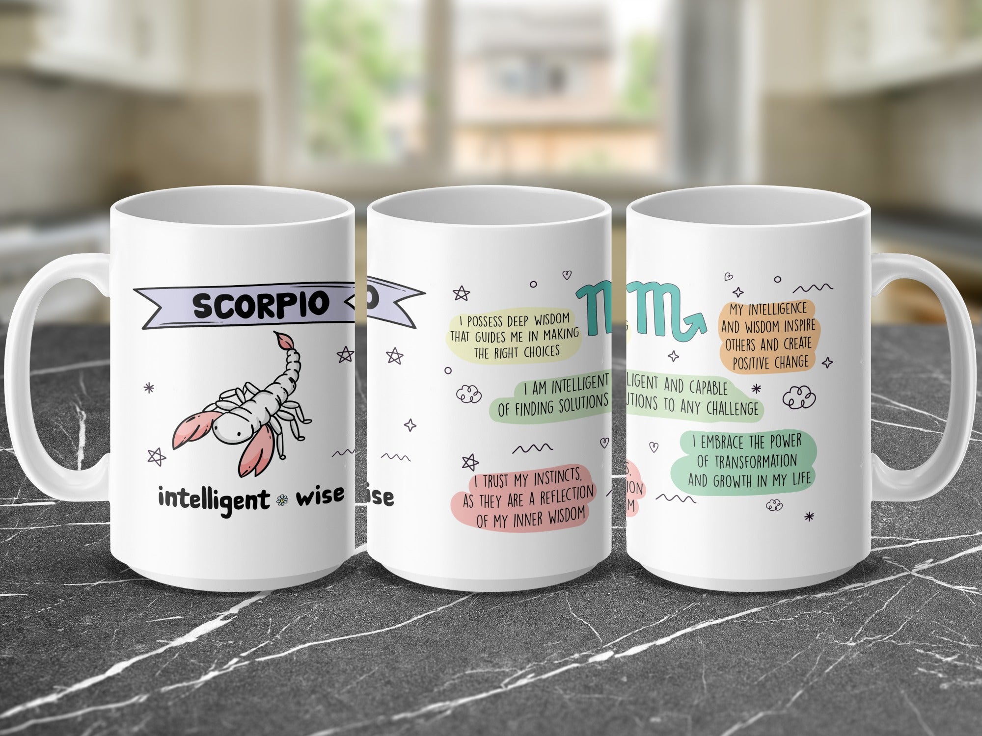 White mug with "SCORPIO" and a scorpion, plus horoscope-related text.