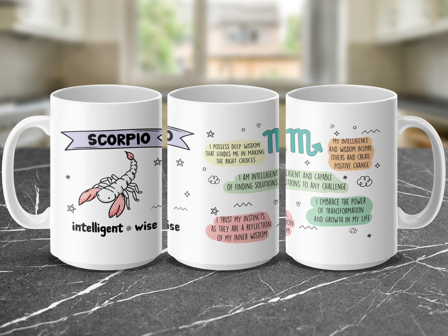 White mug with "SCORPIO" and a scorpion, plus horoscope-related text.
