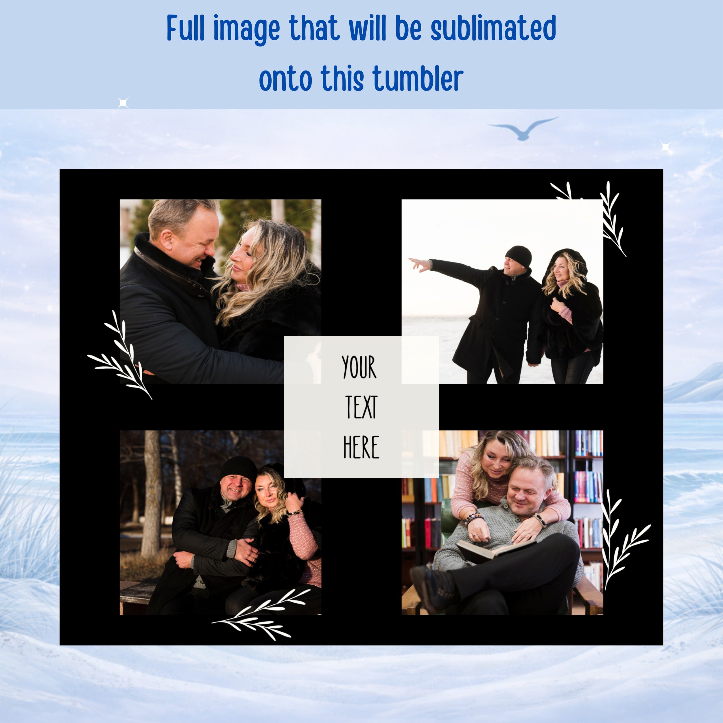 Collage of couples with placeholder for sublimation design on a winter background.
