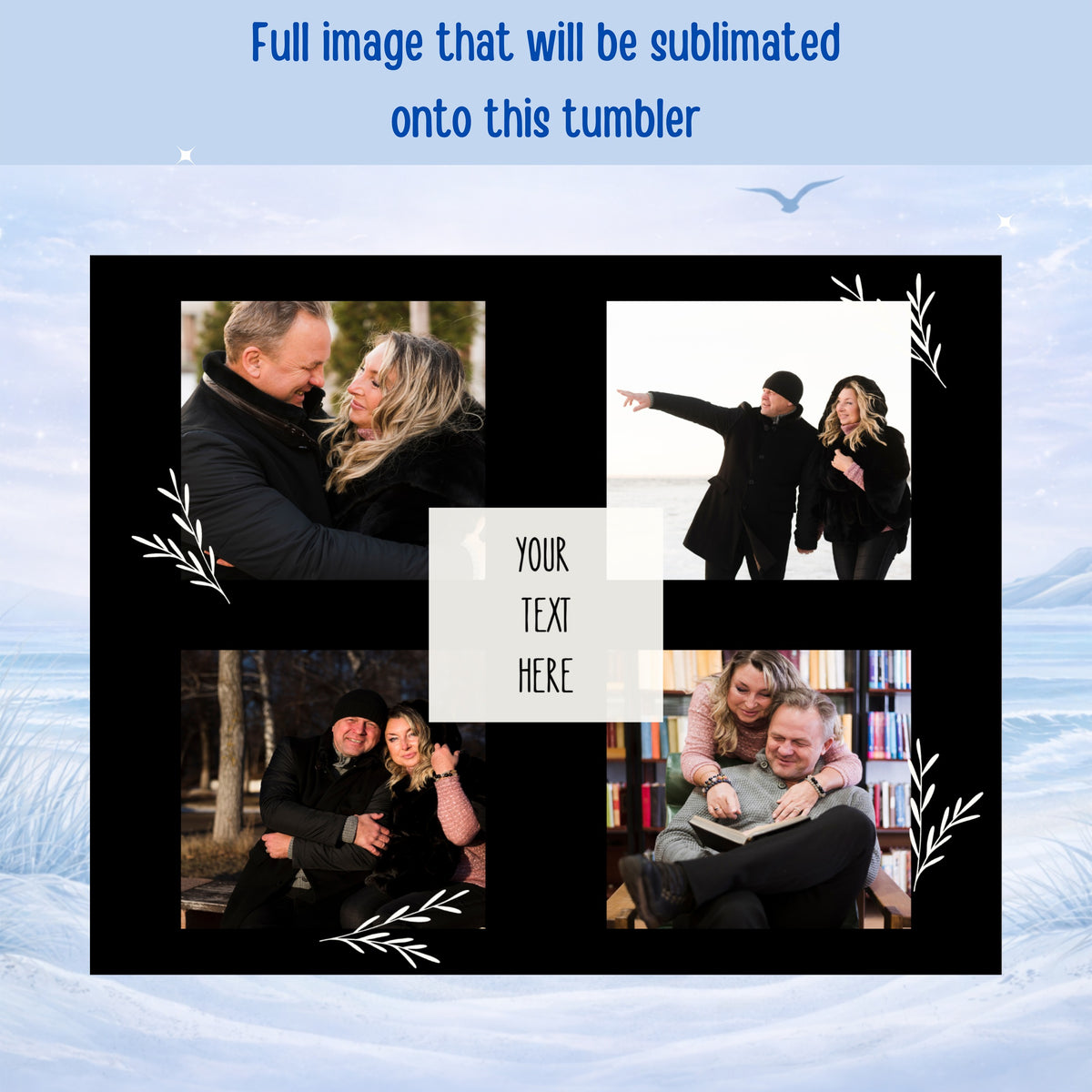 Collage of couples with placeholder for sublimation design on a winter background.
