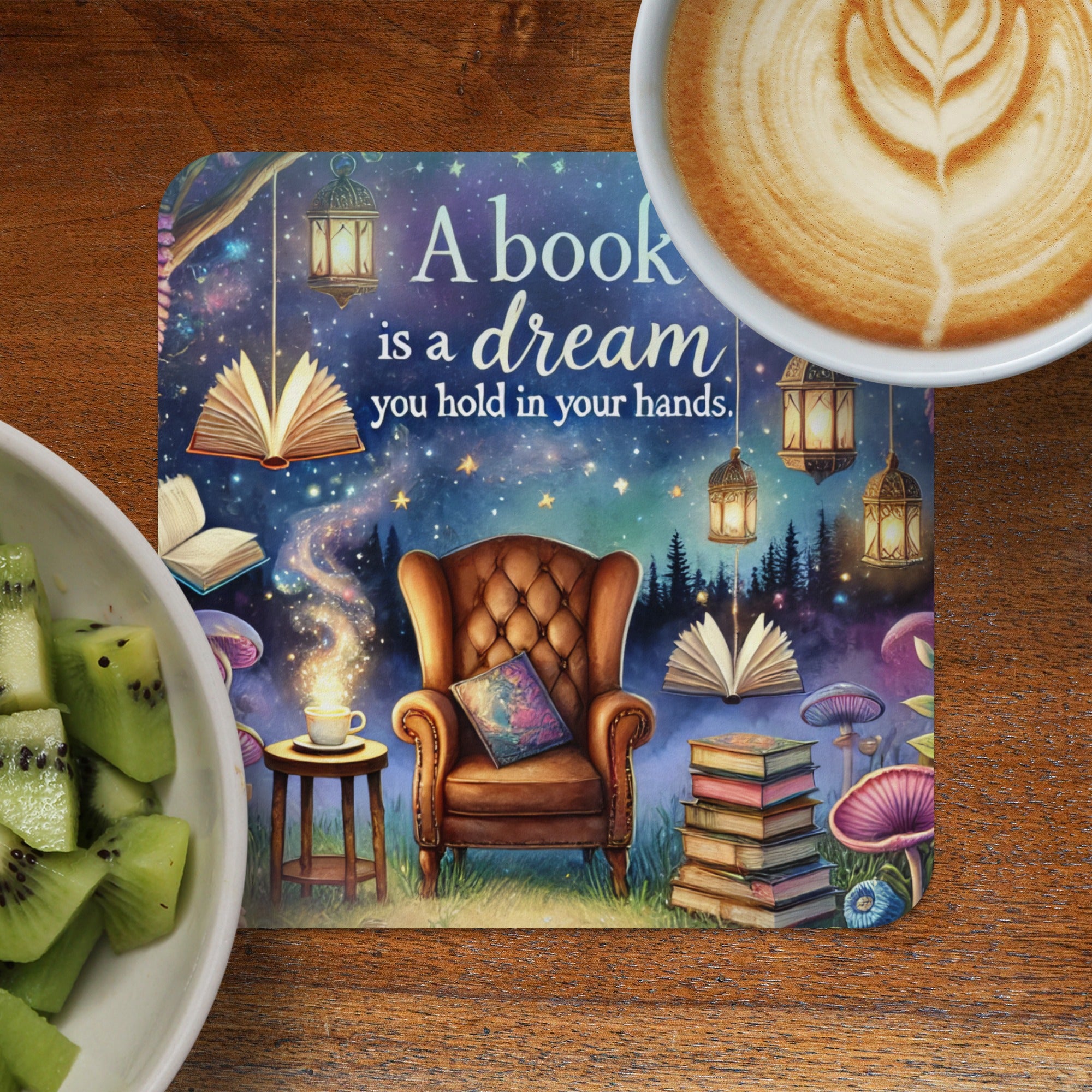 Armchair and books under lanterns with inspirational text "A book is a dream you hold in your hands."