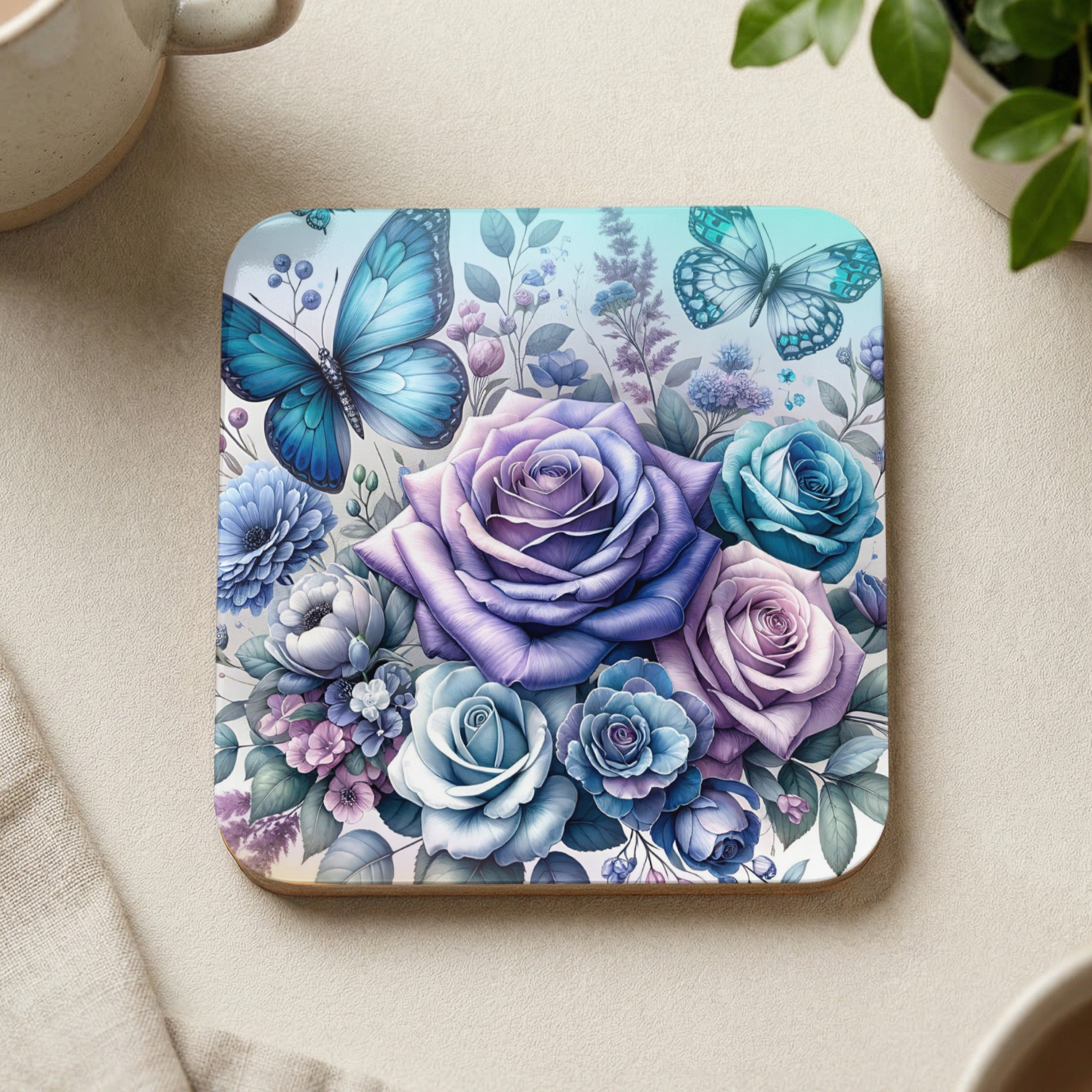 Coaster with blue butterflies and purple and blue roses botanical design.