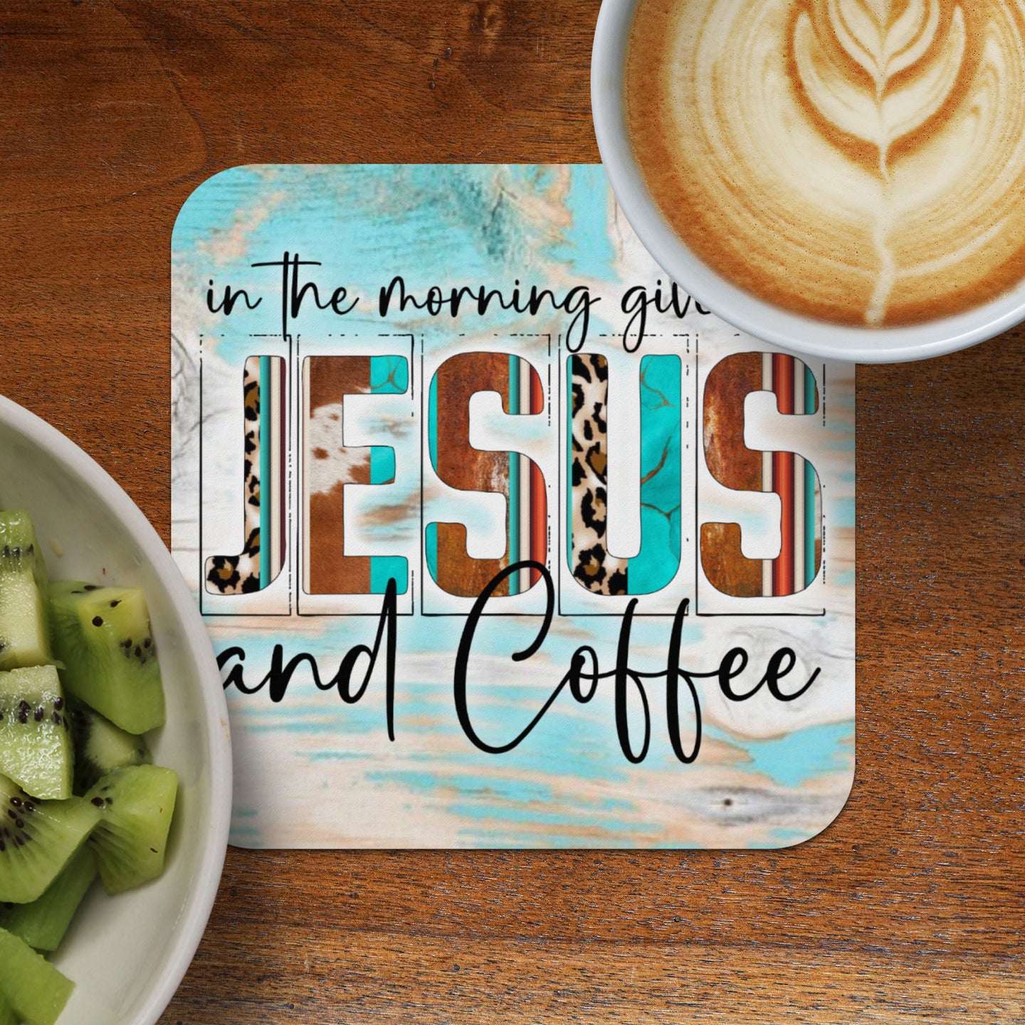 Jesus and Coffee coaster with cowhide, leopard print, and wood texture.