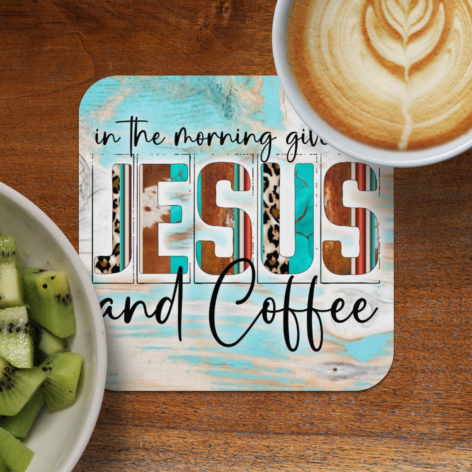 Jesus and Coffee coaster with cowhide, leopard print, and wood texture.