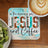 Jesus and Coffee coaster with cowhide, leopard print, and wood texture.