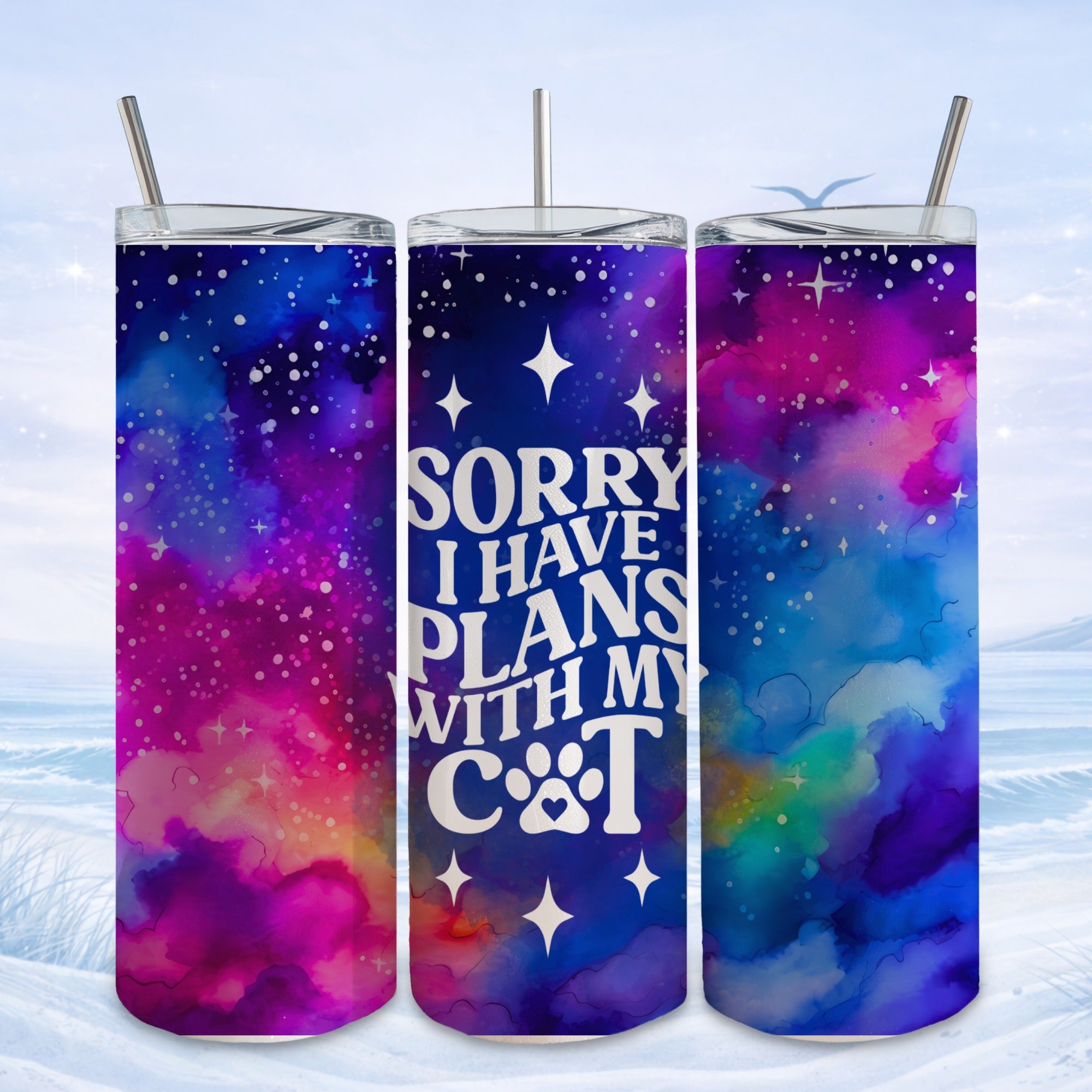 Tumbler with a colorful galaxy design and "Sorry I Have Plans With My Cat" text.