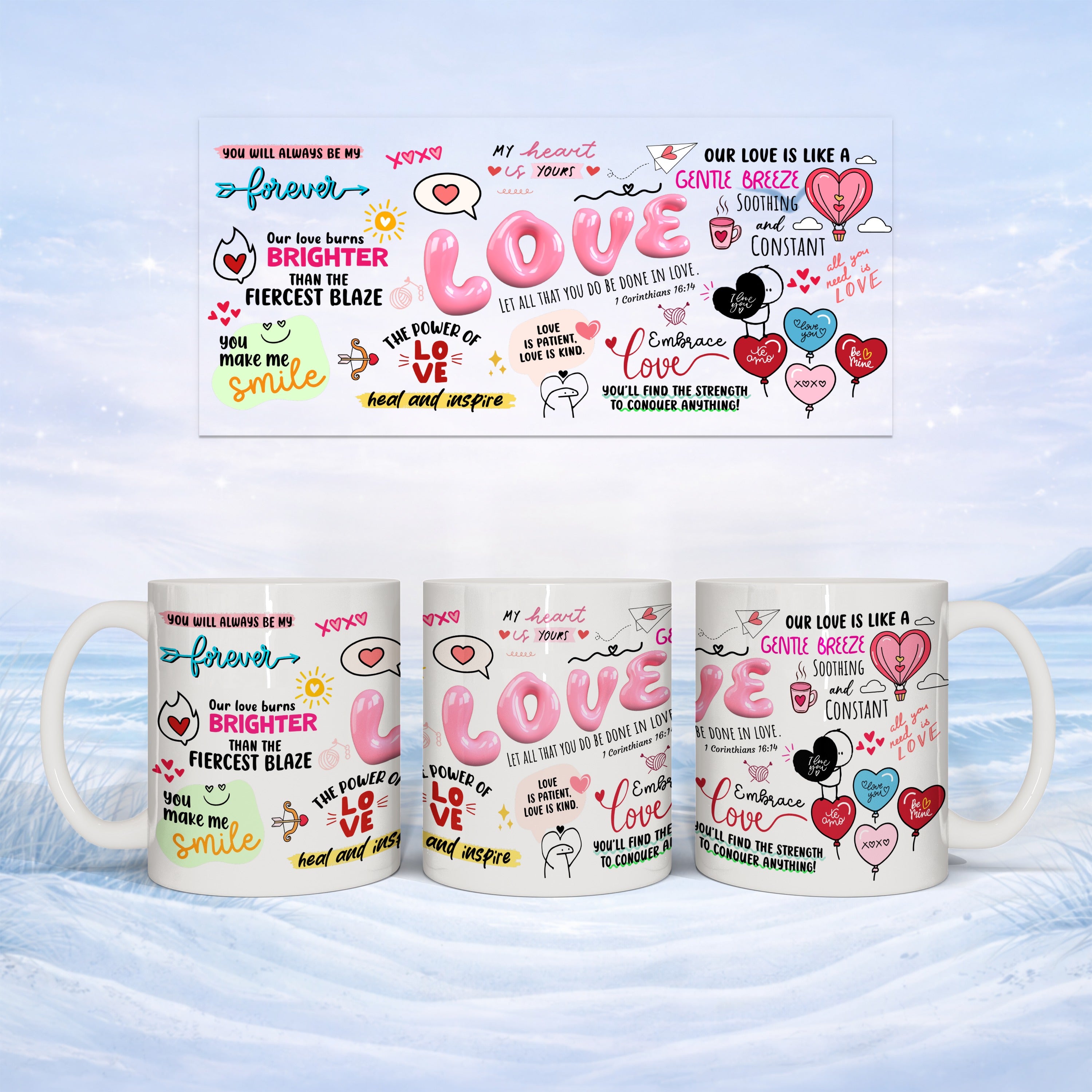 Three ceramic mugs with romantic quotes and heart designs.