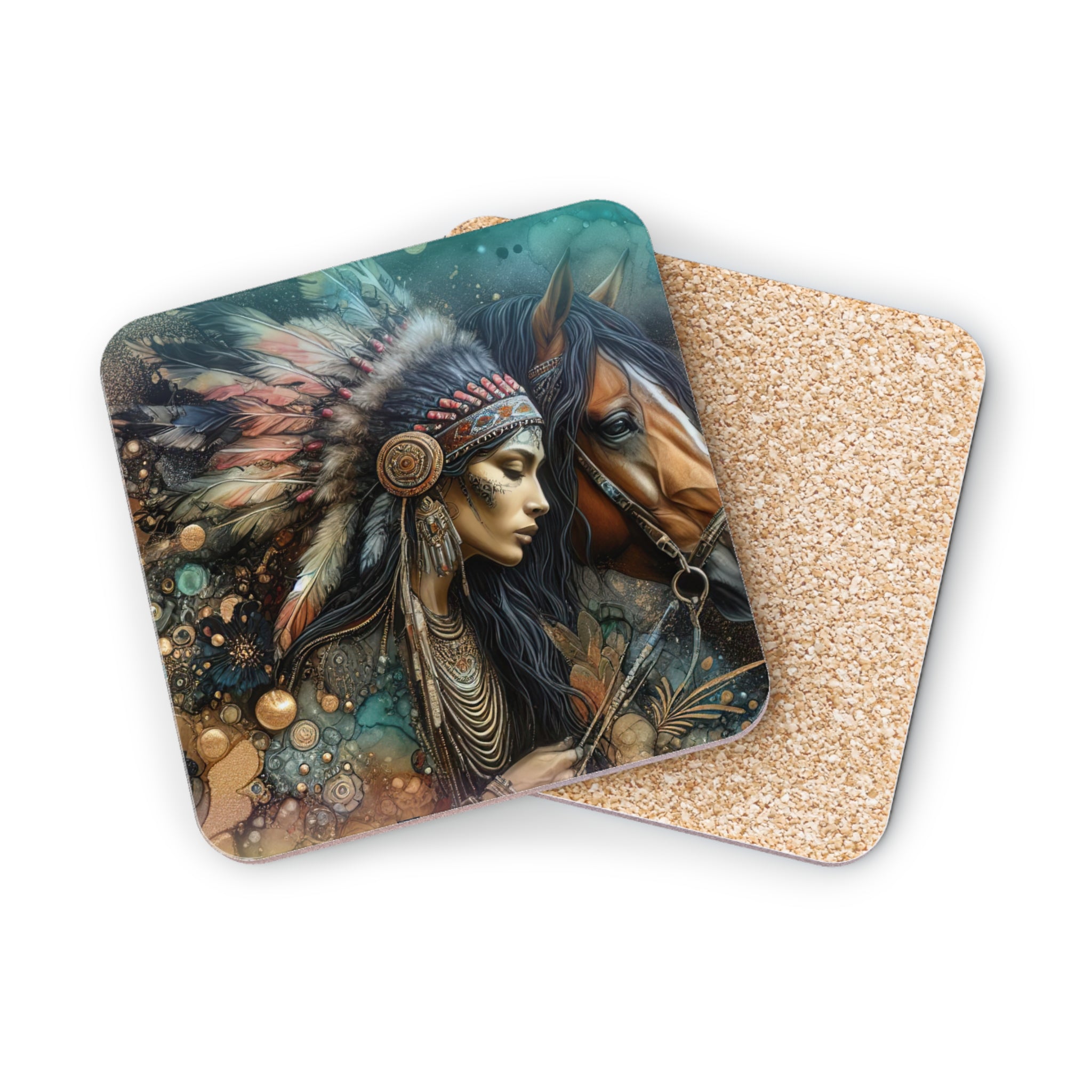 Woman in headdress with horse, detailed fantasy art on round coasters.