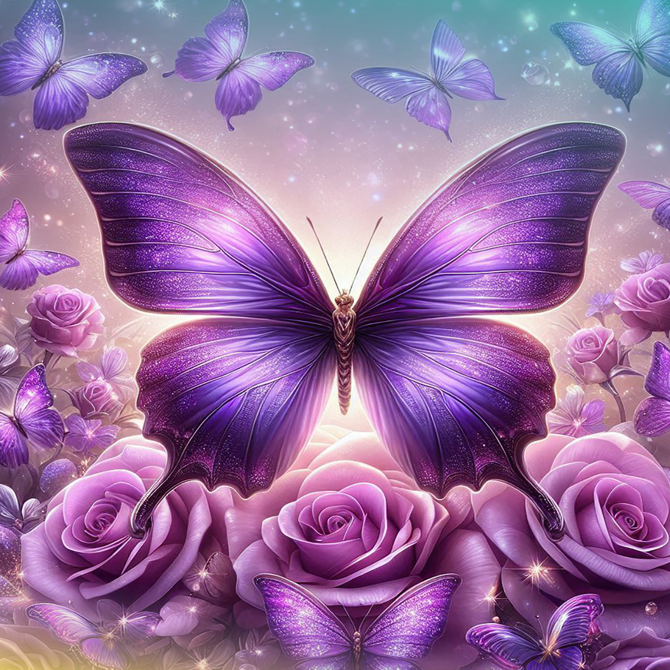 Purple butterfly with spread wings rests on a bed of pink roses.