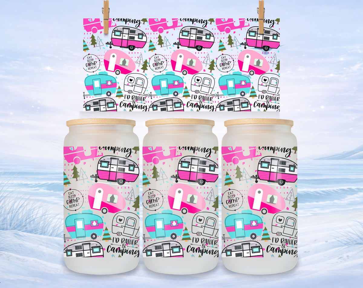 Three tumblers with a pink and blue camper and "I'd Rather Be Camping" pattern.