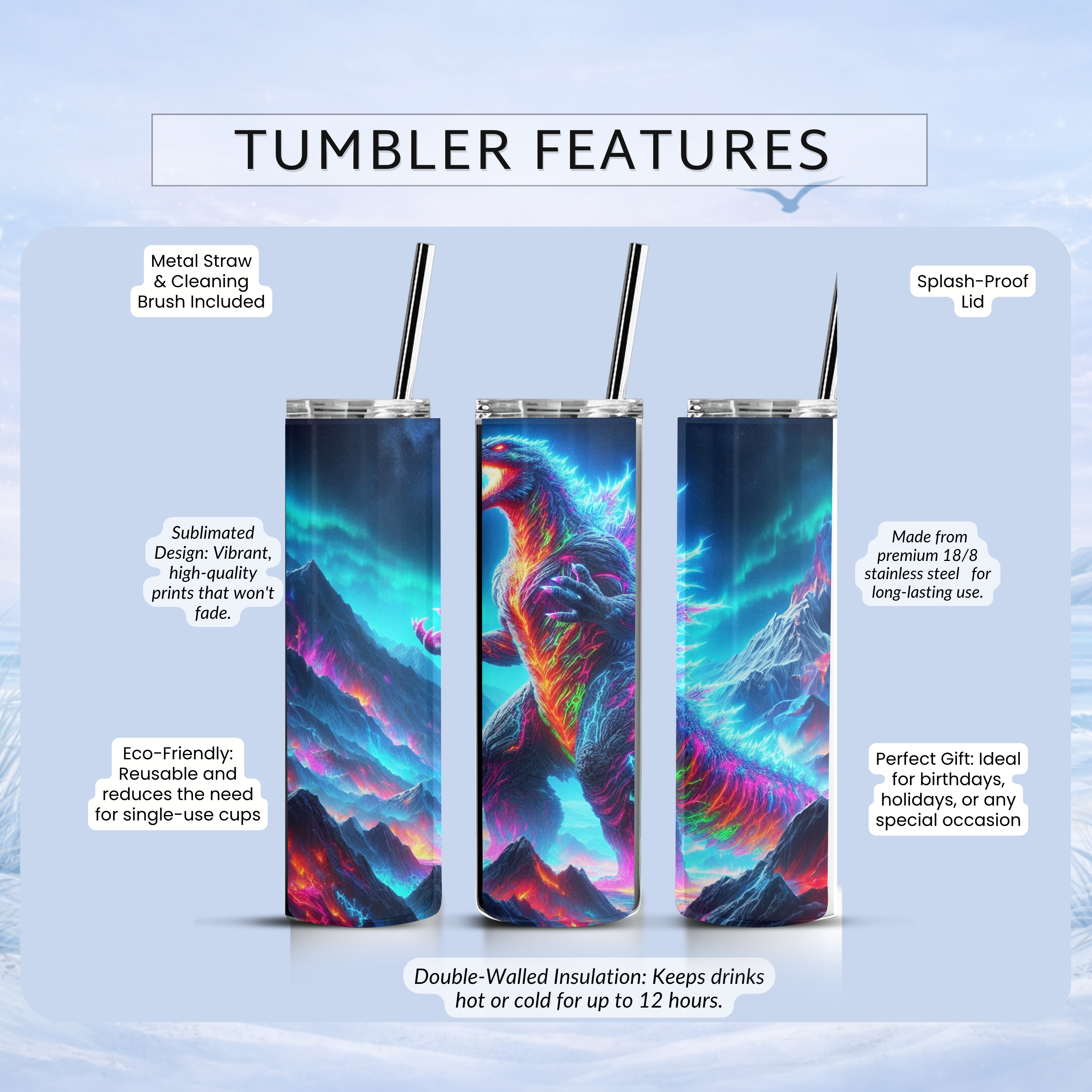 anime style godzilla tumbler bright colors