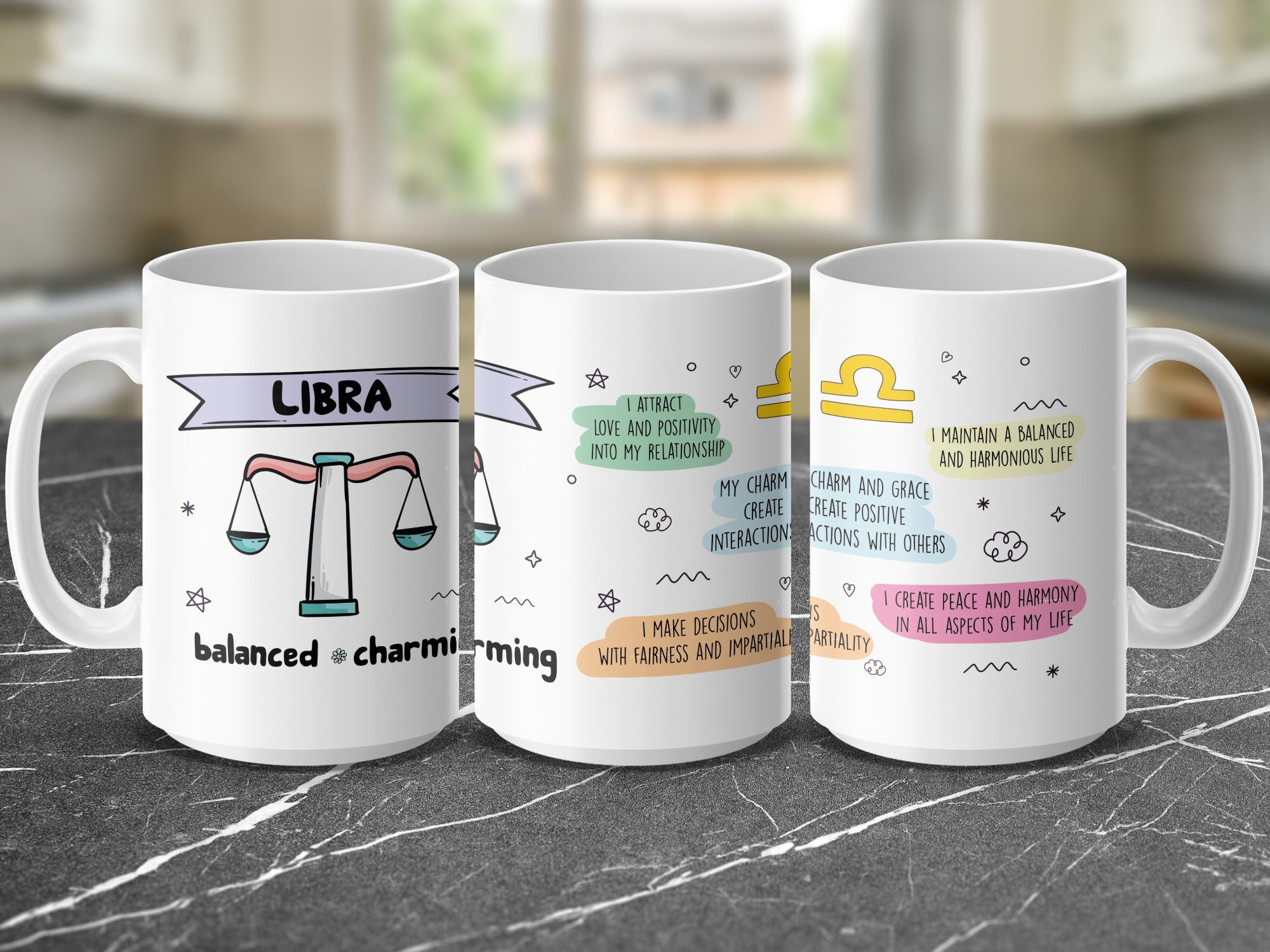 Mug with Libra zodiac sign, scales, and empowering affirmations.