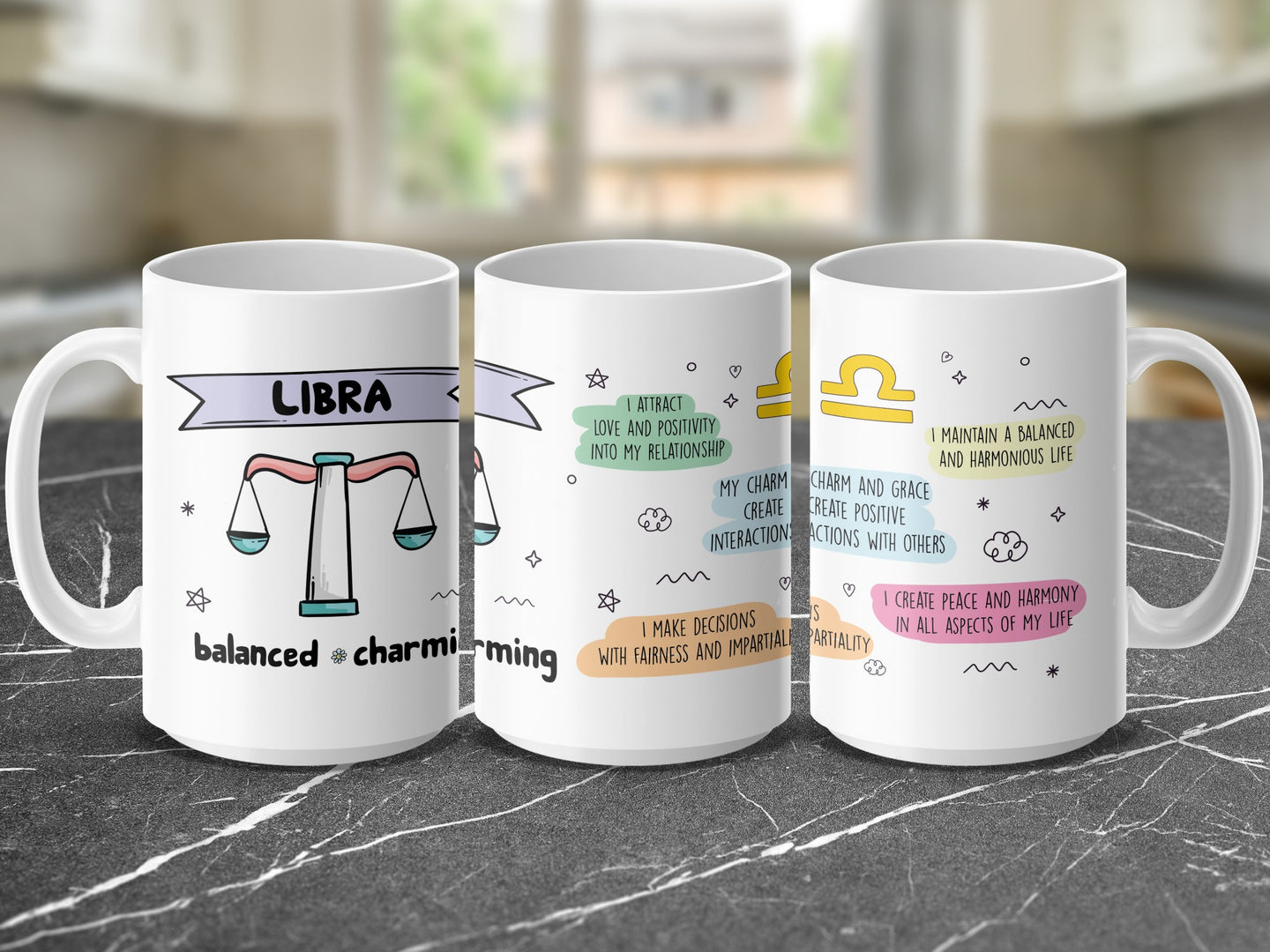 Mug with Libra zodiac sign, scales, and empowering affirmations.