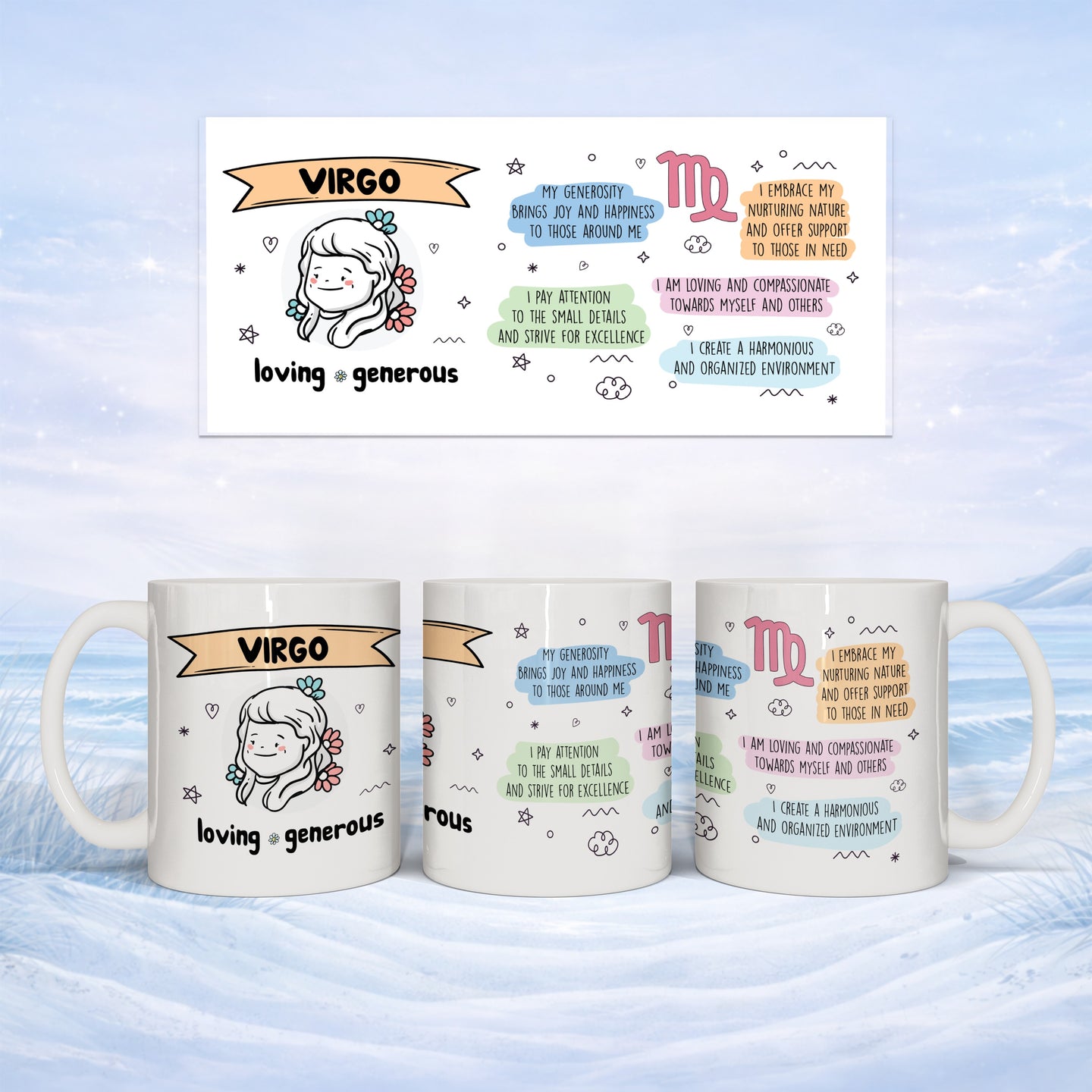 Mug with Virgo zodiac sign, stars, and empowering phrases.