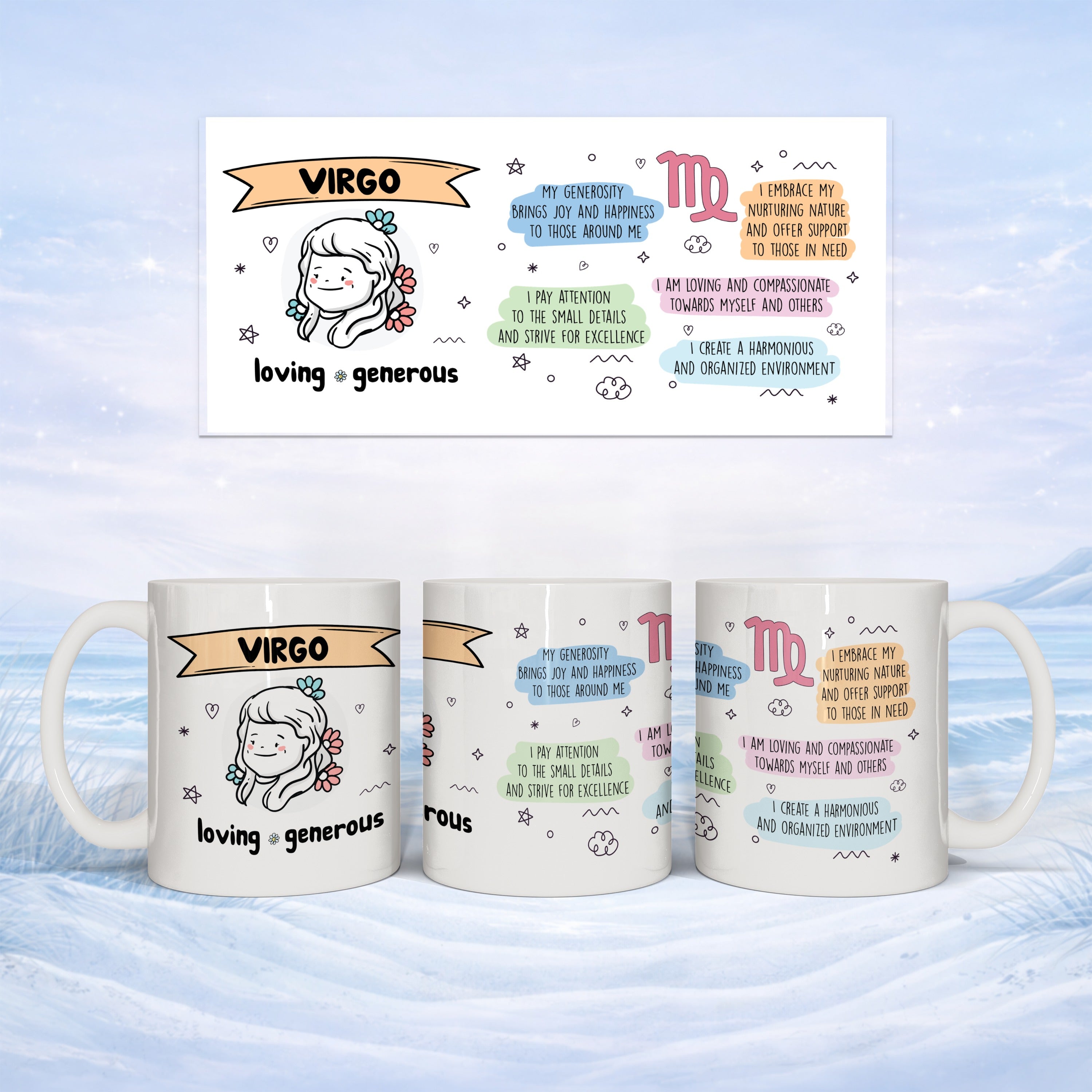 Mug with Virgo zodiac sign, stars, and empowering phrases.