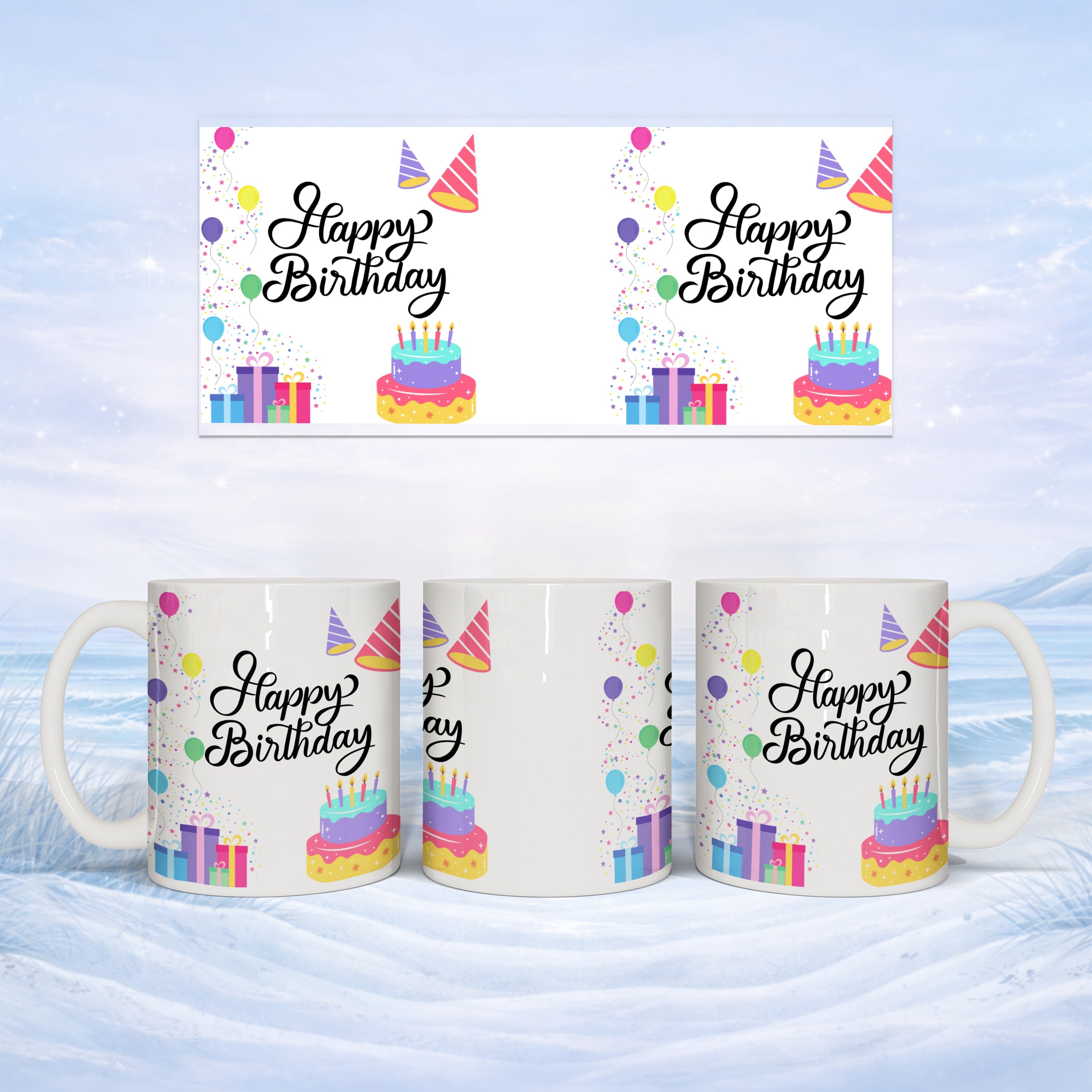White mug with "Happy Birthday" design and layered cake, shown from three angles.