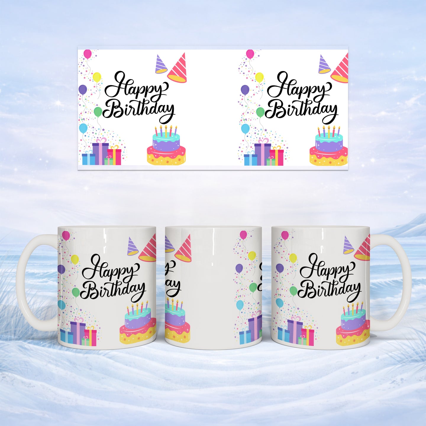 White mug with "Happy Birthday" design and layered cake, shown from three angles.