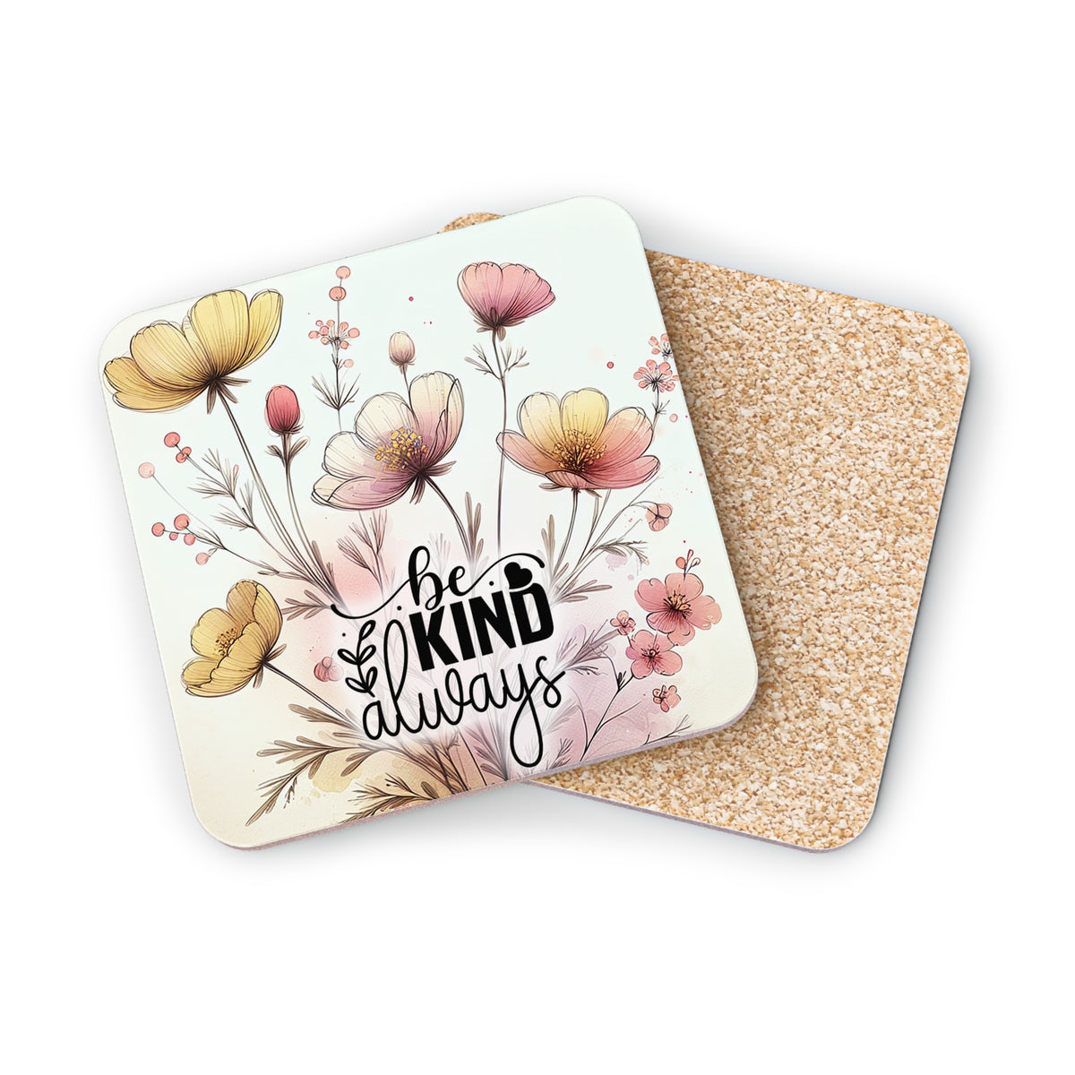 Coaster with floral illustration and text "Be Kind Always".